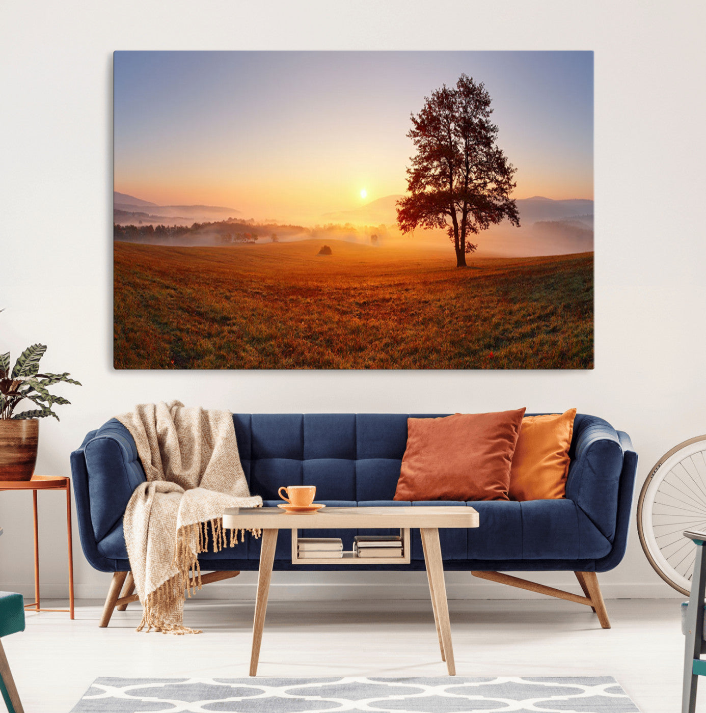 57919623-MGV-CV-36X24-Golden Sunrise Landscape Canvas Wall Art – Framed Misty Field Large Nature One Panel Artwork for Home Office