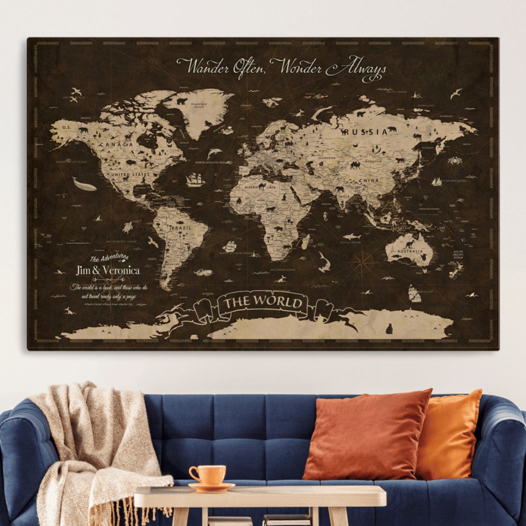 Rehber01-MGV-CV-36X24-Customize Push Pin World Map Wall Art Canvas Print – Personalized Framed Map Travel Tracker Adventure for home, office