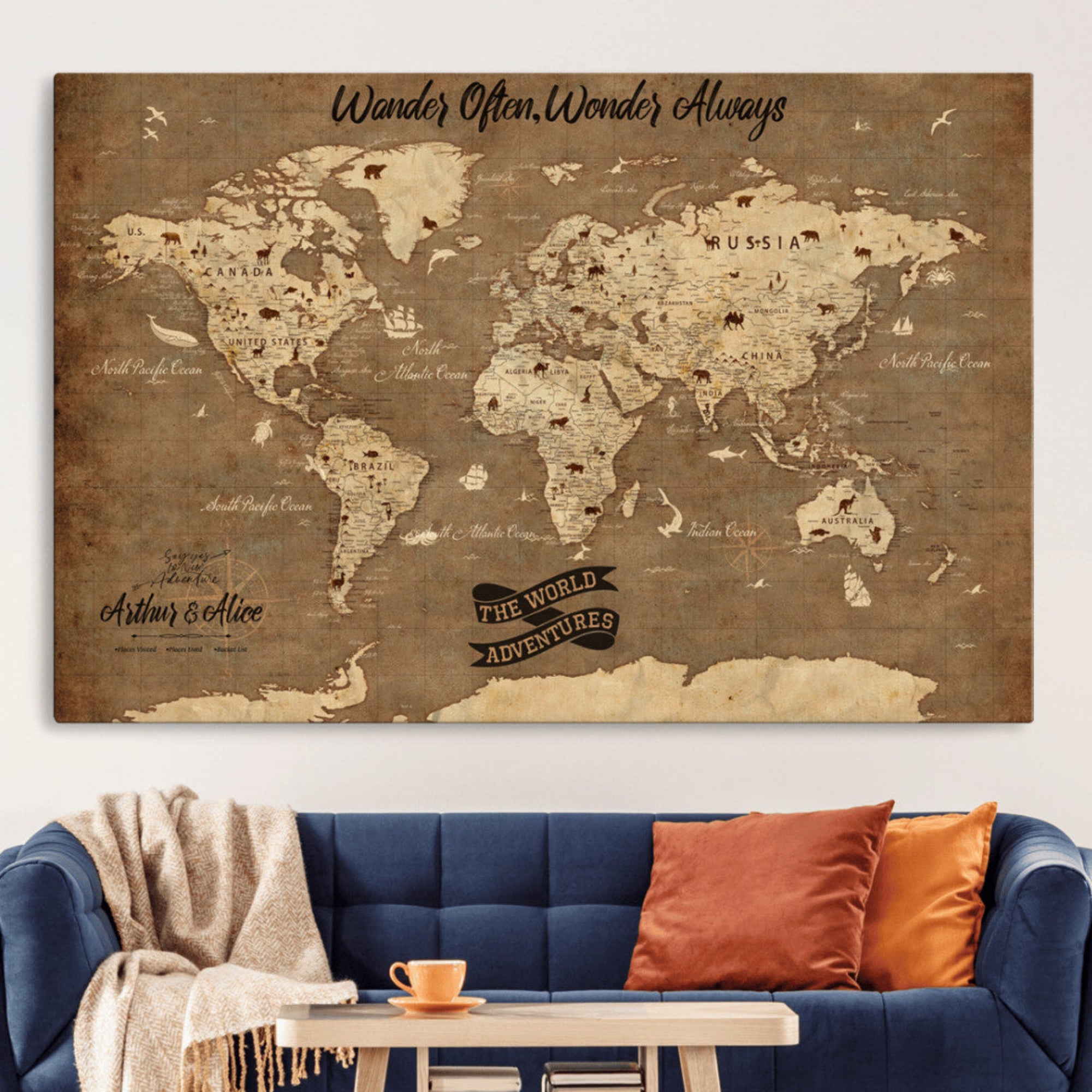Rehber01-MGV-CV-36X24-Customize Push Pin World Map Wall Art Canvas Print – Personalized Kids Room Framed Map Adventure Travel for home, office