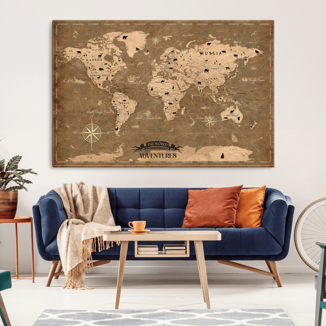 Rehber01-MGV-CV-36X24-Customize Push Pin World Map Wall Art Canvas Print – Personalized Kids Room Framed Map Travel Tracker for home, office
