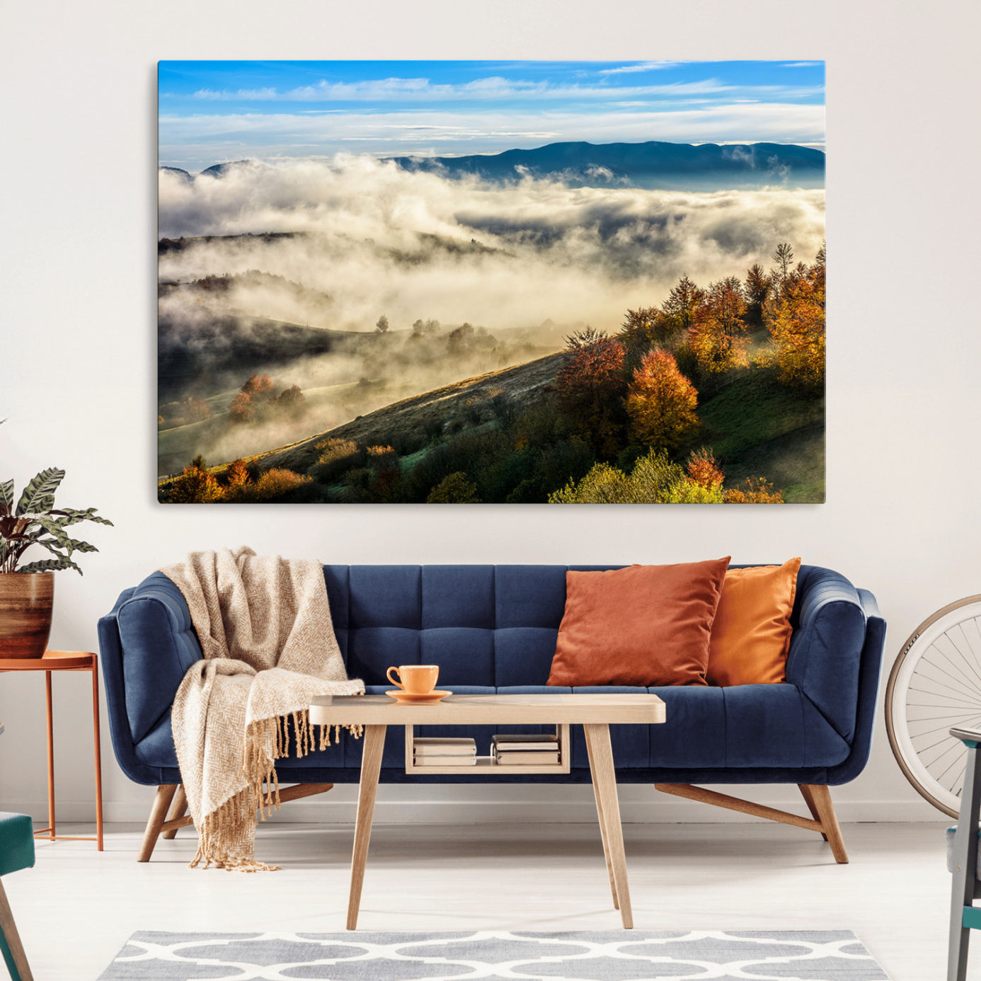 21551192-MGV-CV-36X24-Misty Autumn Hills Canvas Wall Art, Foggy Forest Landscape, Fall Foliage Beauty, Serene Mountain View, Cozy Home Decor, Office Tranquility, Nature Calm Print