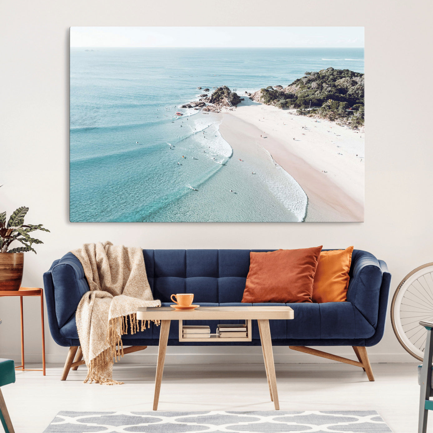 79395467-MGV-CV-36X24-Aerial Beach Canvas Wall Art Print, Coastal Ocean Waves and Surfers, Large Scenic Seaside Canvas for Home or Office 1 Panel Wrapped Canvas
