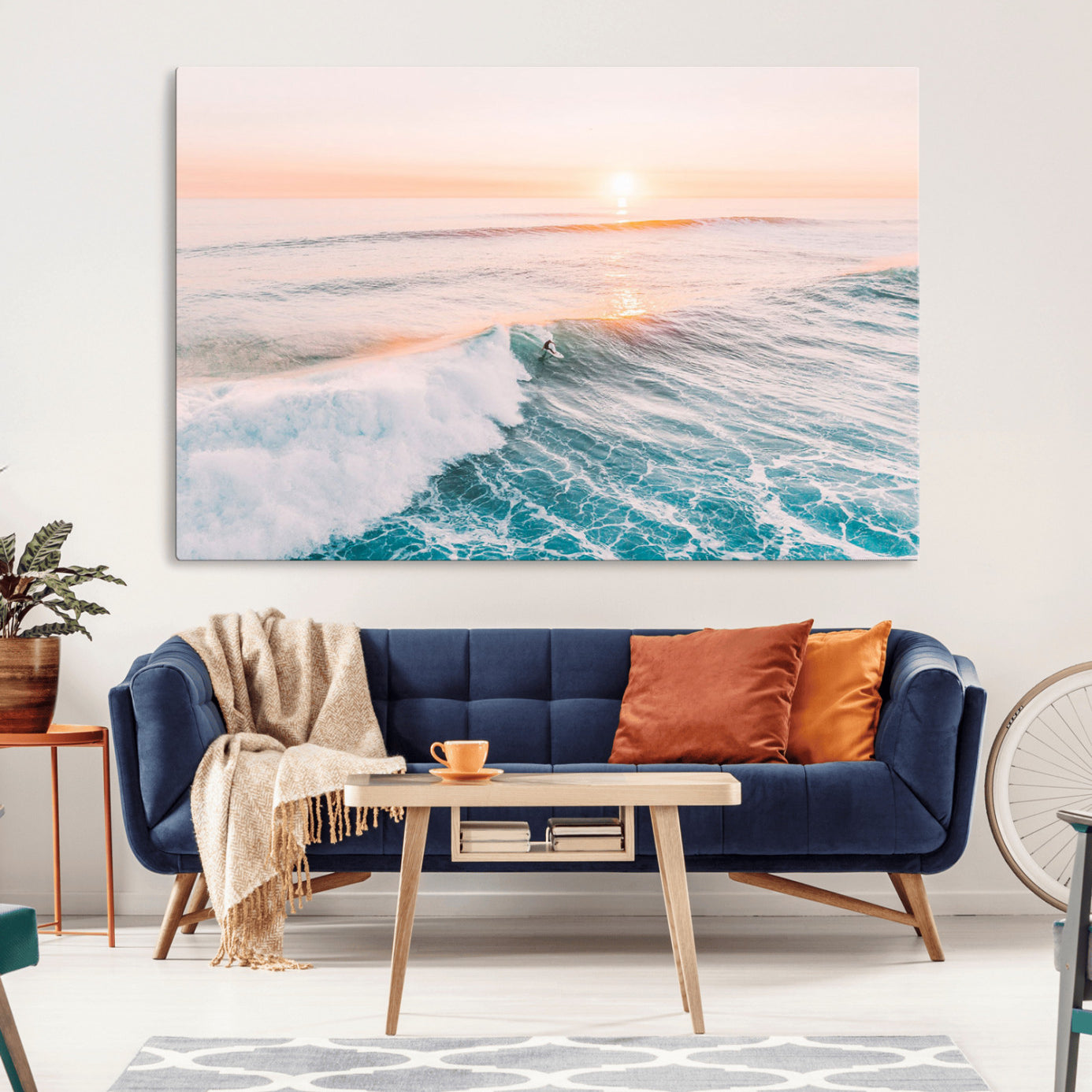 34064591-MGV-CV-36X24-Sunset Surfing Wall Art Canvas Print, Ocean Wave Surfer with Golden Sky Artwork for Home, Office, Living Room