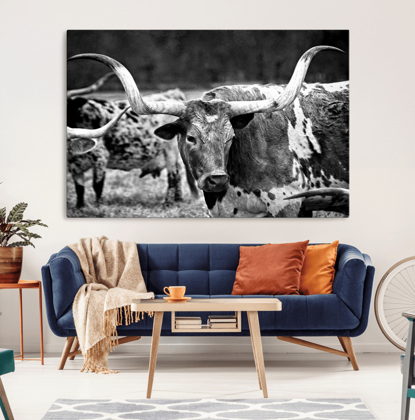 15425553-MGV-CV-36X24-Black & White Longhorn Cattle Wall Art Canvas Print, Rustic Farmhouse Western Design Artwork for Home, Office