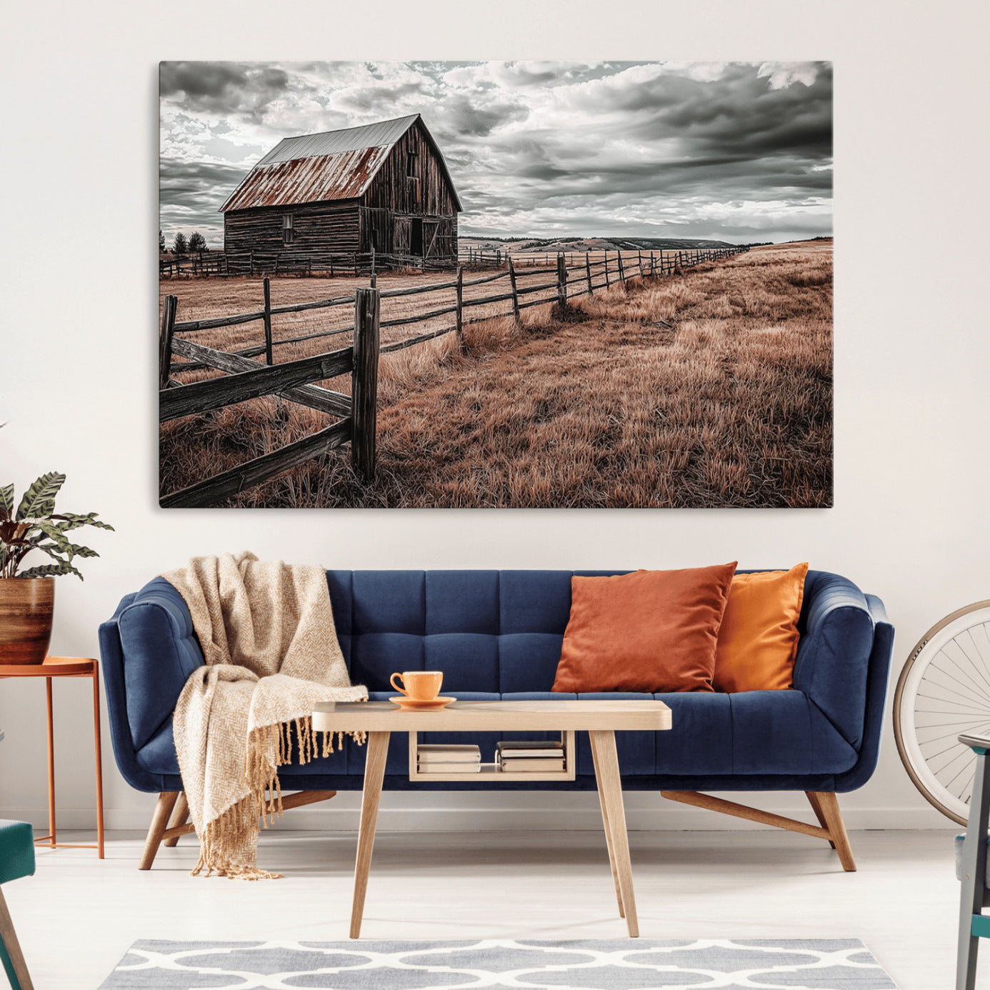 70676381-MGV-CV-36X24-Rustic Weathered Barn Wall Art Canvas Print, Sepia Countryside Landscape Artwork for Home, Office, Living Room