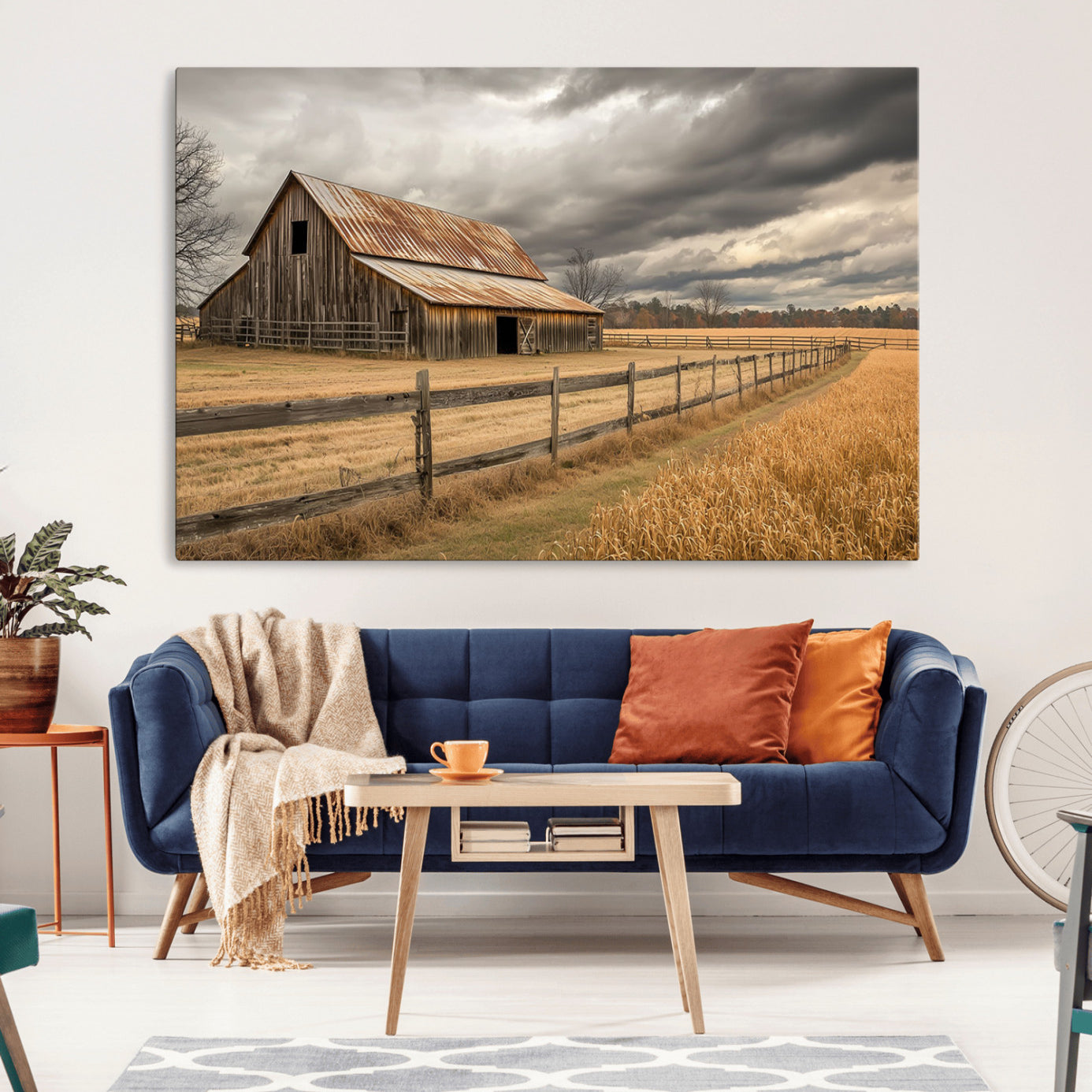 21991117-MGV-CV-36X24-Rustic Farm Barn Wall Art Canvas Print, Stormy Sky Country Landscape Artwork for Home, Office, Living Room