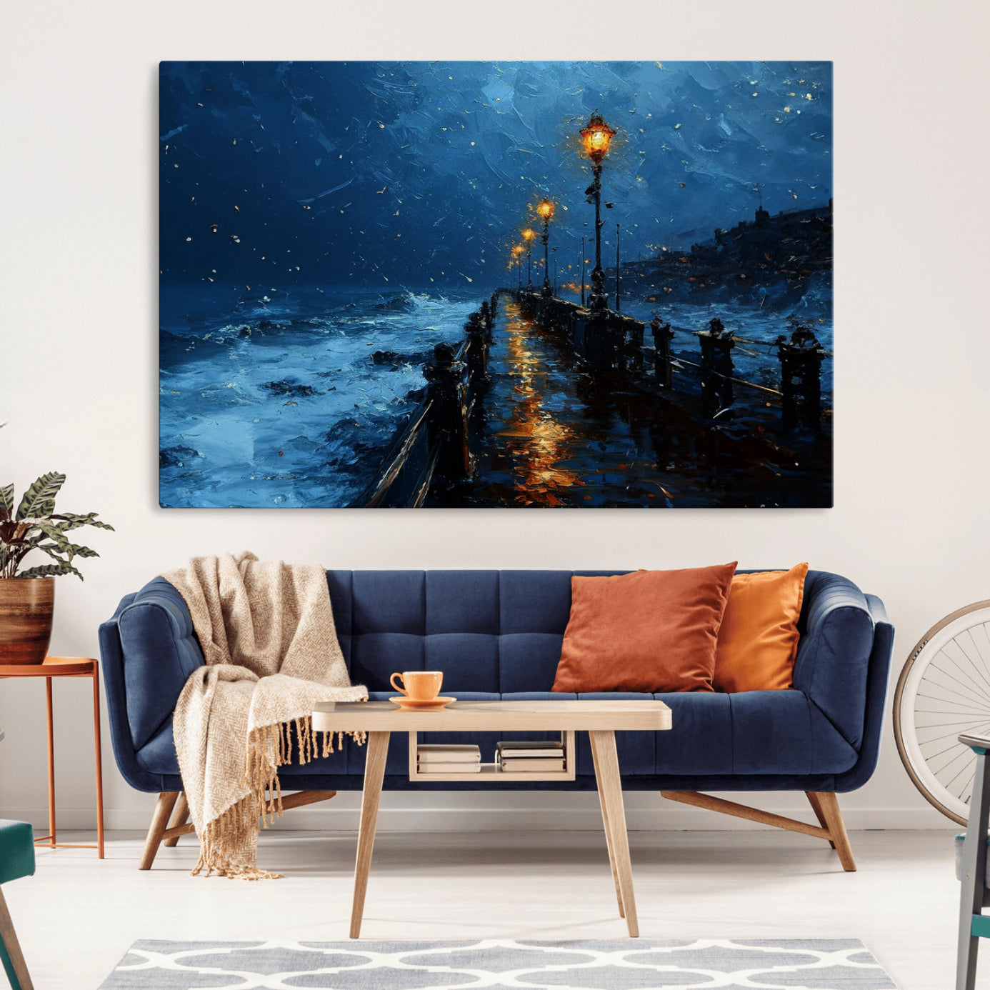 "Impressionistic painting of a rainy pier at night with glowing street lamps reflecting on the wet surface, ocean waves crashing under a dark blue sky."