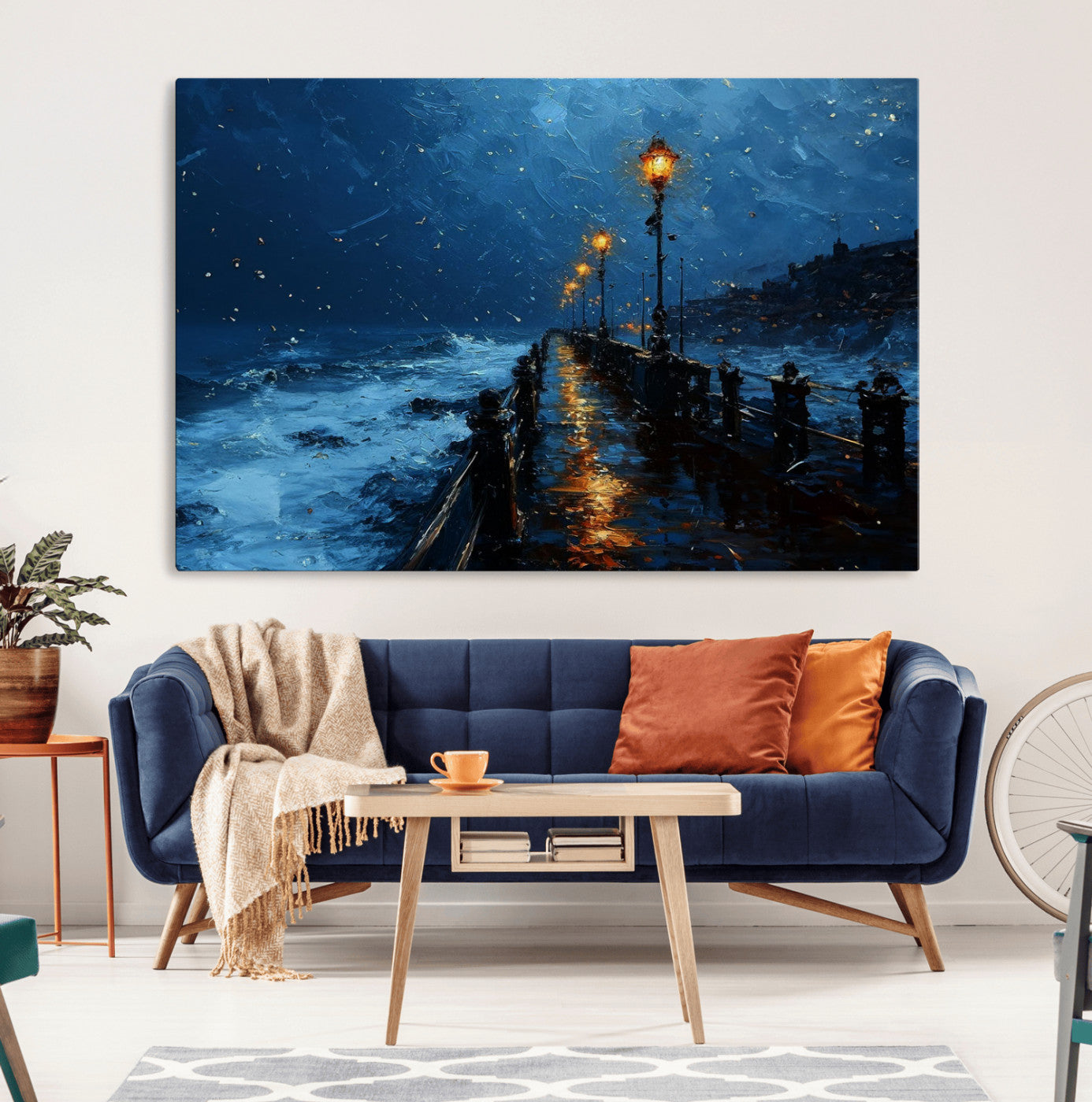 48300530-MGV-CV-36X24-Dark Stormy Pier Wall Art Canvas Print, Moody Ocean Night Scene with Street Lamps Coastal Decor for Home, Office