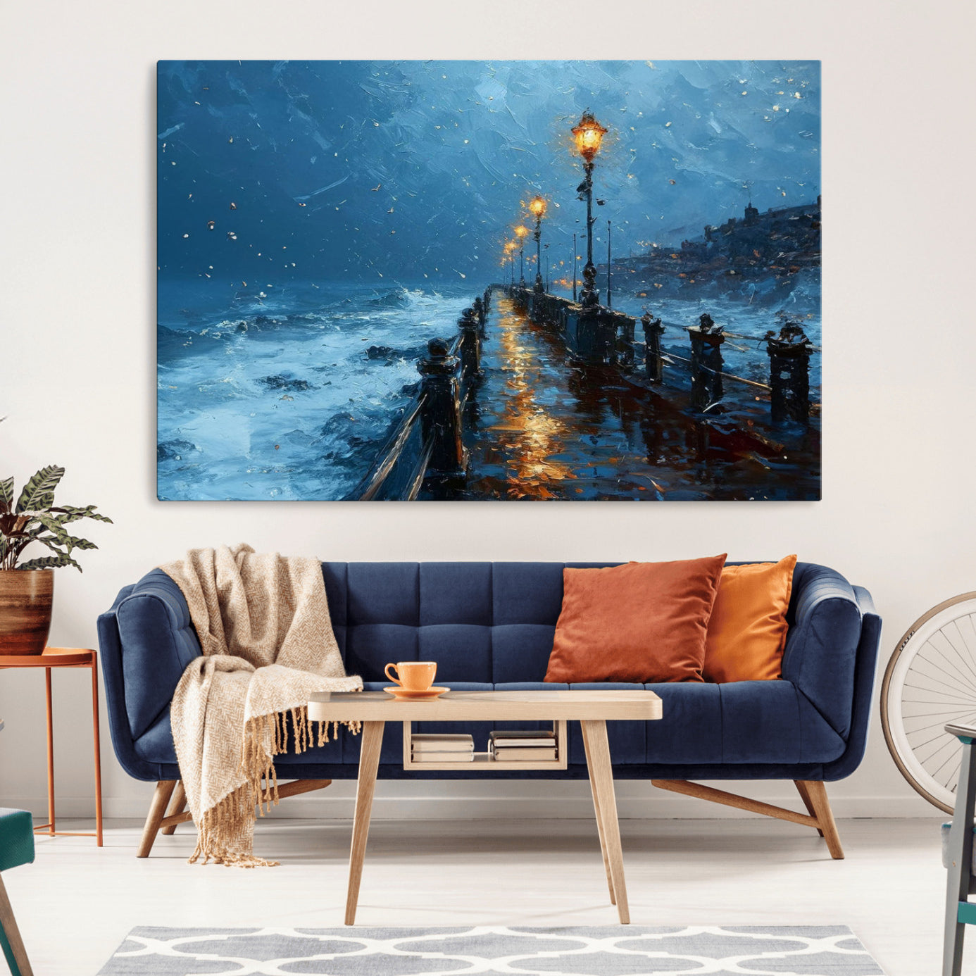 "Impressionistic painting of a stormy pier with street lamps glowing, waves crashing, and a misty ocean under a blue sky."