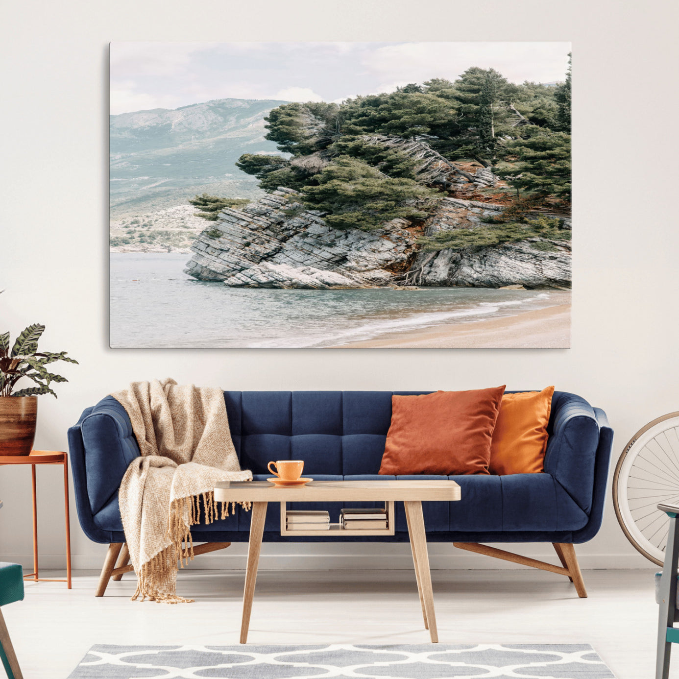 MGV-CV-36X24 - Coastal Rock Canvas Wall Art Print, Scenic Beach Landscape, Pine Trees on Rocky Cliff, Large Nature