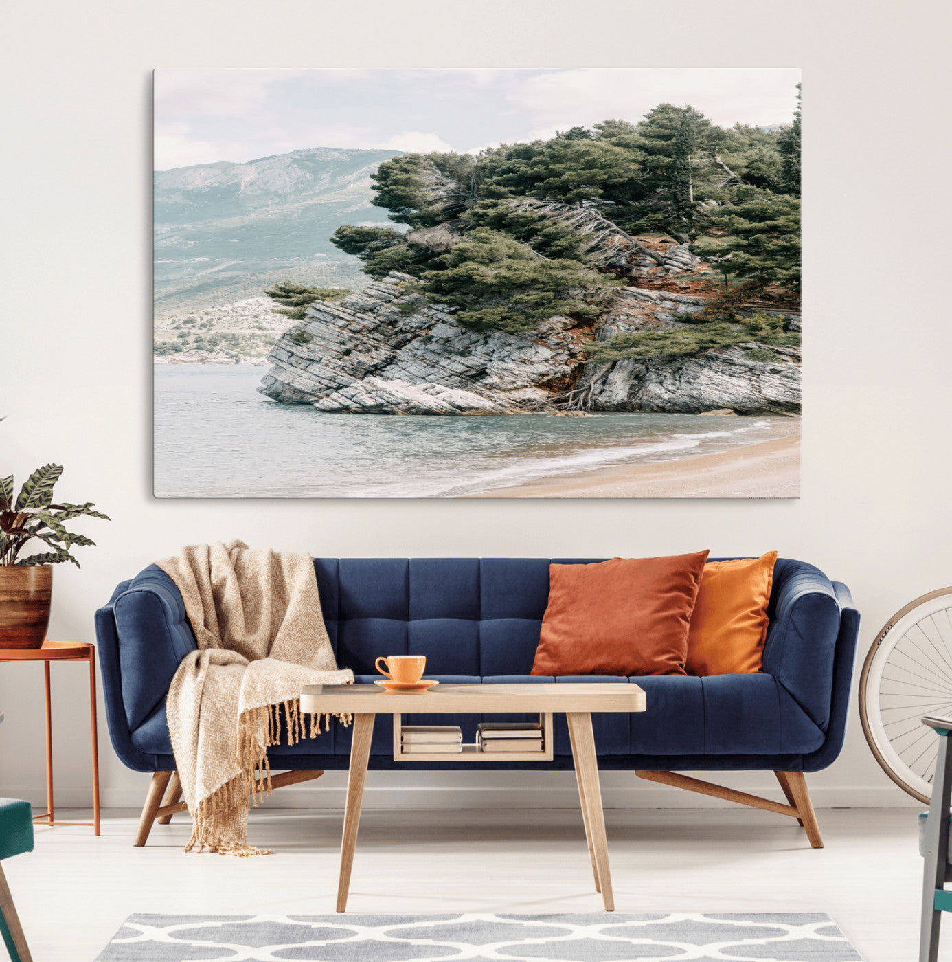 MGV-CV-36X24 - Coastal Rock Canvas Wall Art Print, Scenic Beach Landscape, Pine Trees on Rocky Cliff, Large Nature