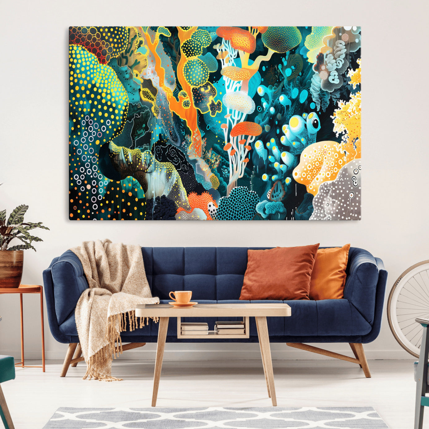 Colorful abstract coral reef scene featuring vibrant underwater plants, marine patterns, and fluid organic shapes – Wall Art Canvas Print.