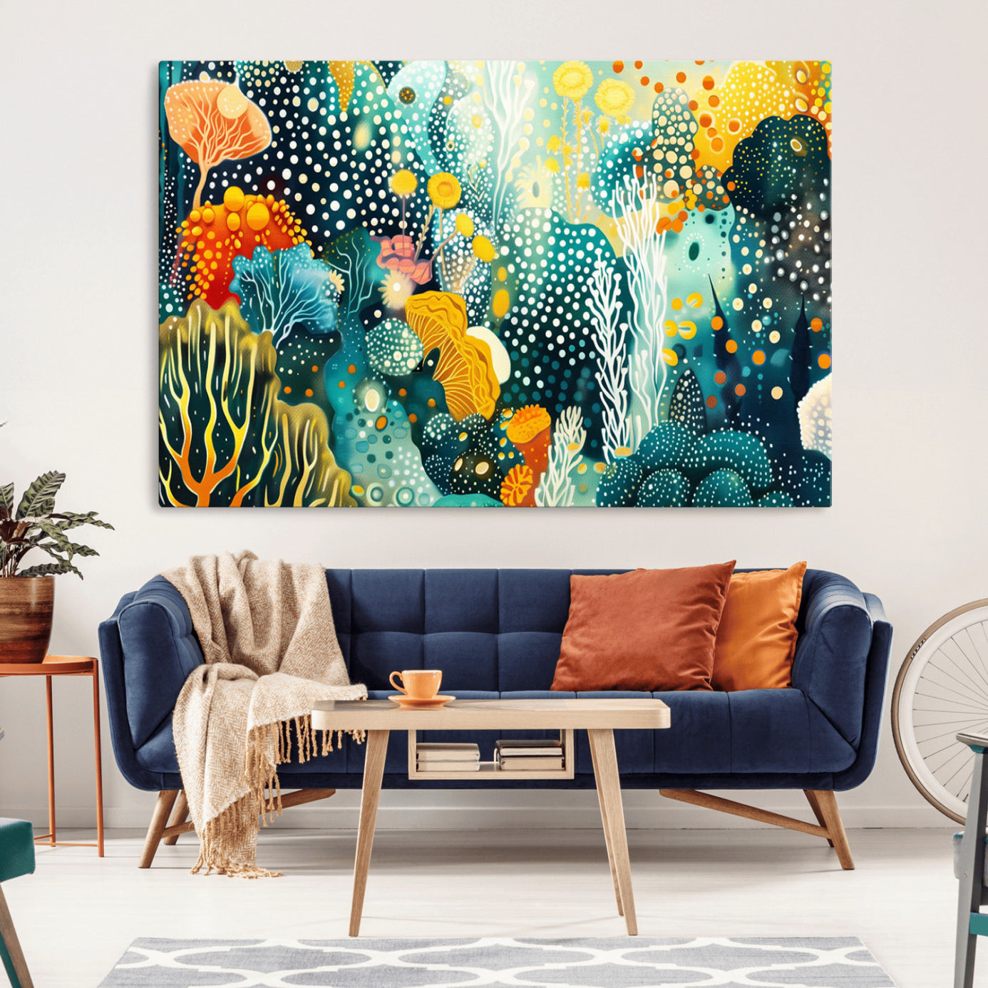 Abstract underwater coral reef illustration with vibrant colors, dotted textures, and stylized marine flora – Wall Art Canvas Print.