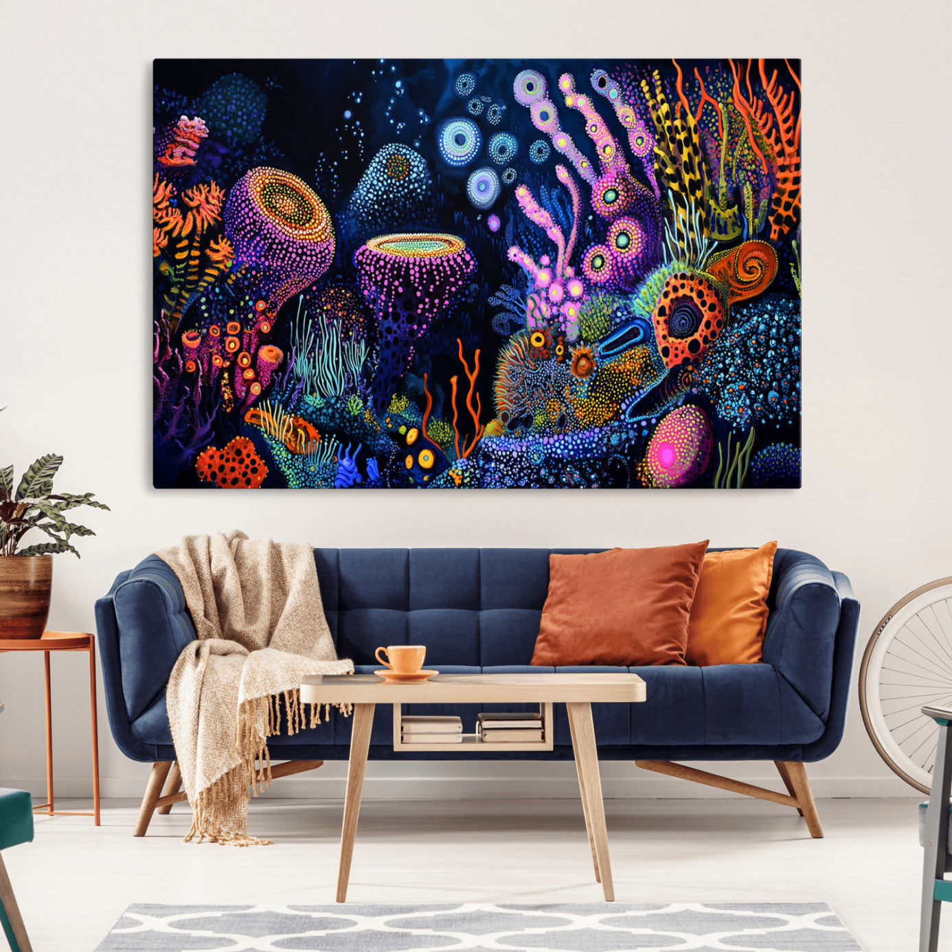 Vibrant and colorful abstract underwater coral reef artwork with diverse shapes and glowing patterns – Wall Art Canvas Print.