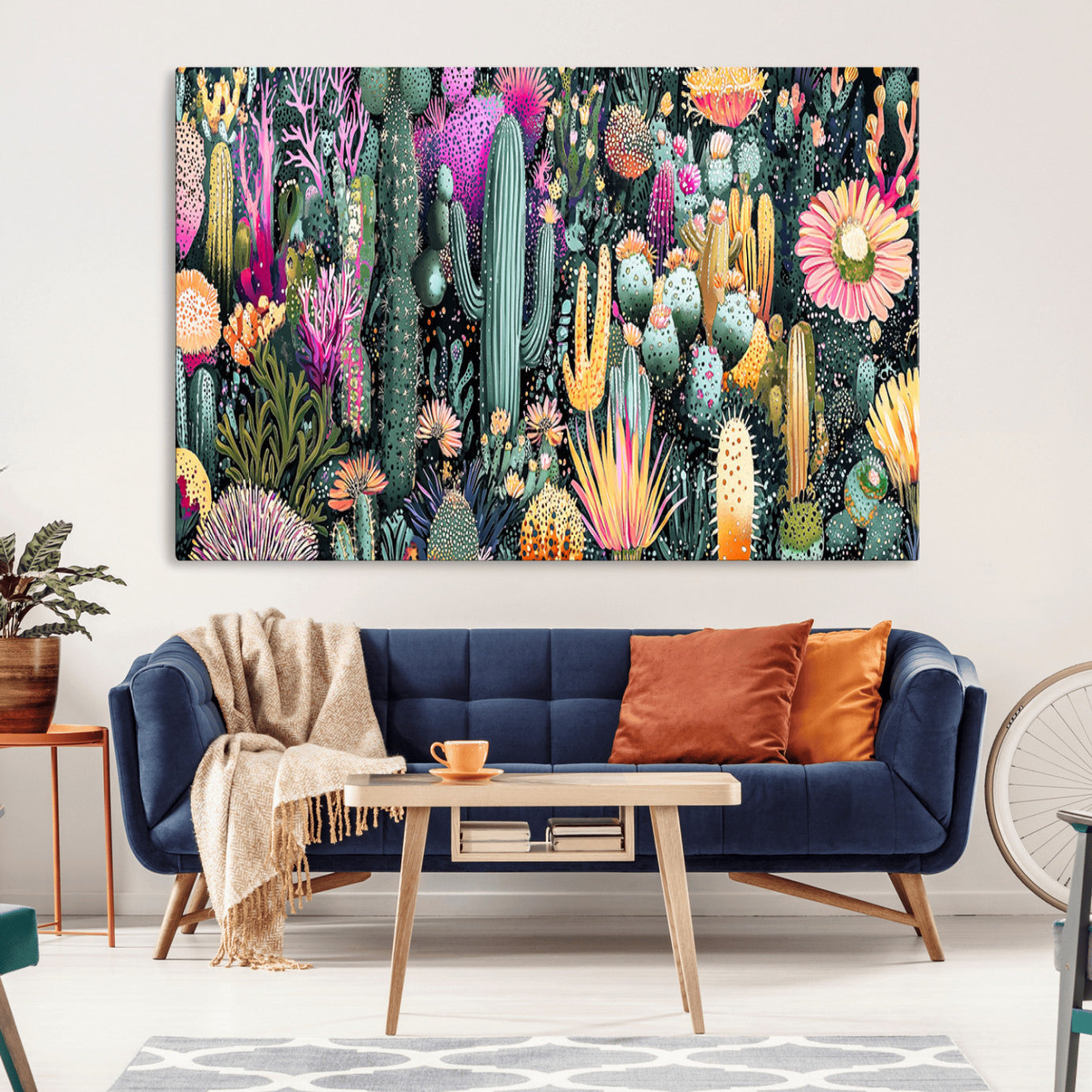 Colorful and detailed painting of various cacti and desert flowers in vibrant hues on a dark background – Wall Art Canvas Print.