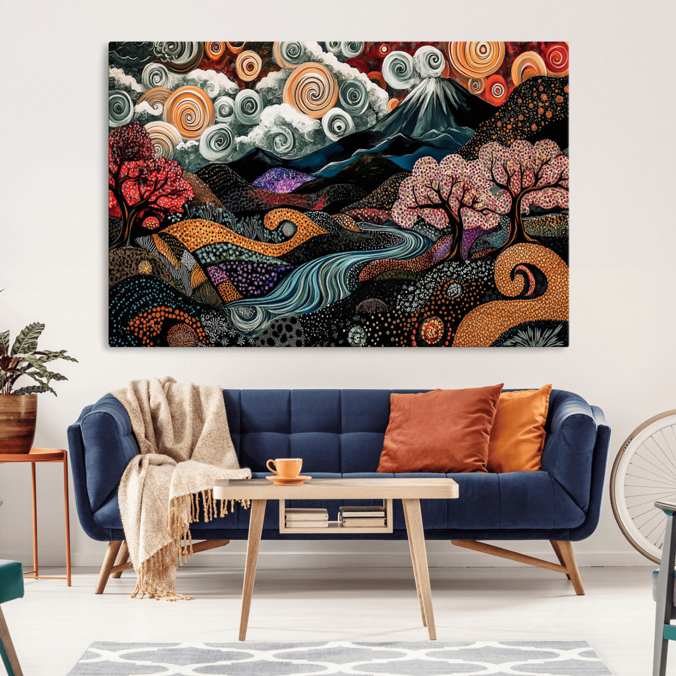 Vibrant abstract landscape painting featuring swirling clouds, colorful trees, flowing river, and textured hills under a mountain – Wall Art Canvas Print.