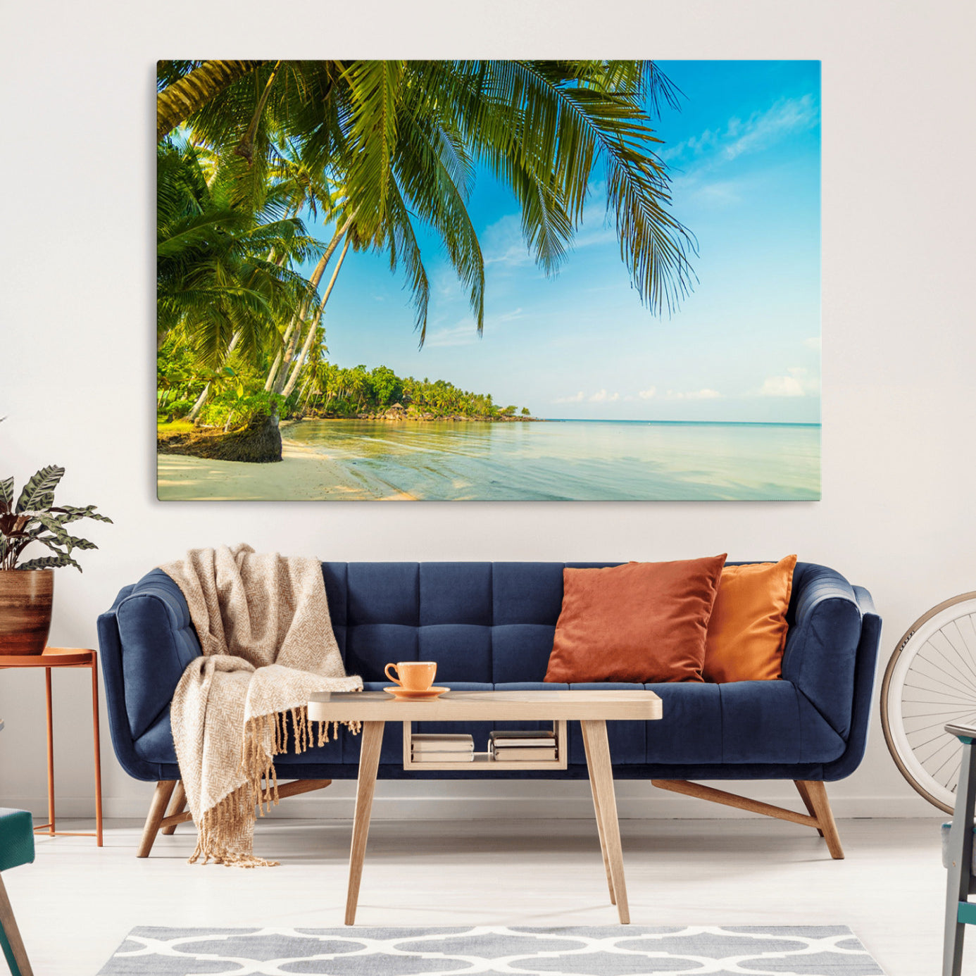 65056721-MGV-CV-36X24-Peaceful Tropical Beach Wall Art Canvas Print – Palm Trees and Calm Blue Sea Serene Coastal Artwork for Home, Office