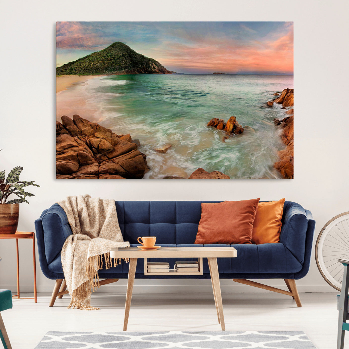 53831025-MGV-CV-36X24-Stunning Coastal Landscape with Rocky Shore and Green Hills at Sunset – Beautiful Ocean View Wall Art Canvas Print for Serene Home Decor.