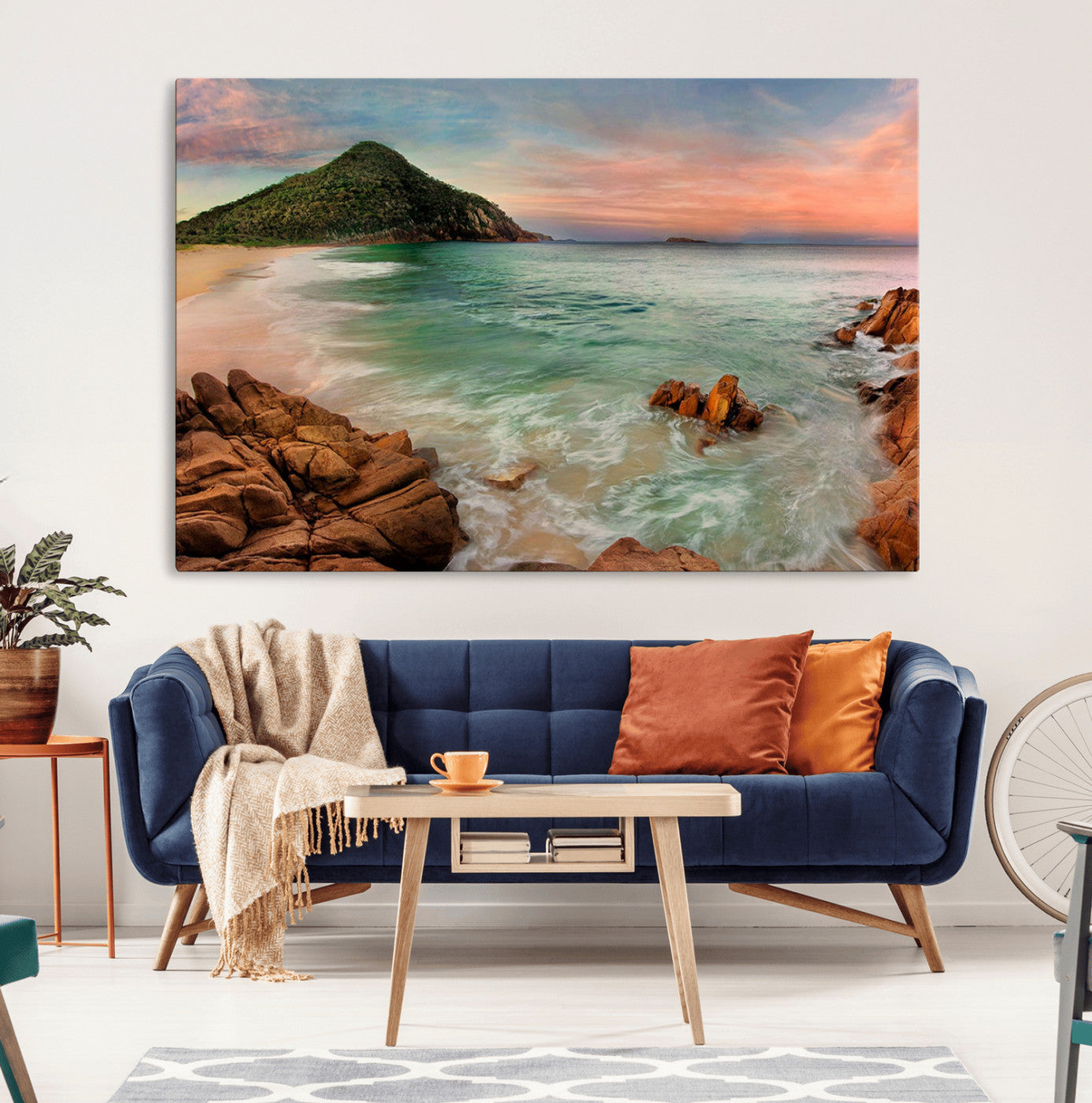 53831025-MGV-CV-36X24-Stunning Coastal Landscape with Rocky Shore and Green Hills at Sunset – Beautiful Ocean View Wall Art Canvas Print for Serene Home Decor.