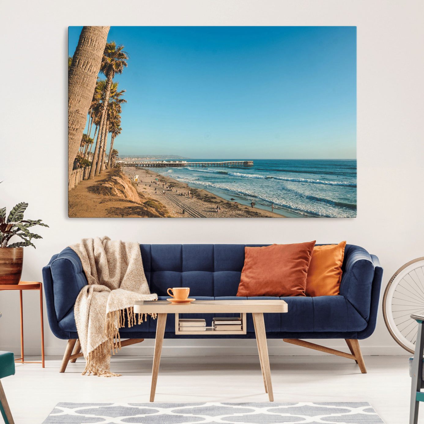 92568259-MGV-CV-36X24-Scenic Beach Wall Art Canvas Print – Tall Palm Trees, Sandy Shore, Long Pier Stretching into Calm Ocean Artwork for Home, Office