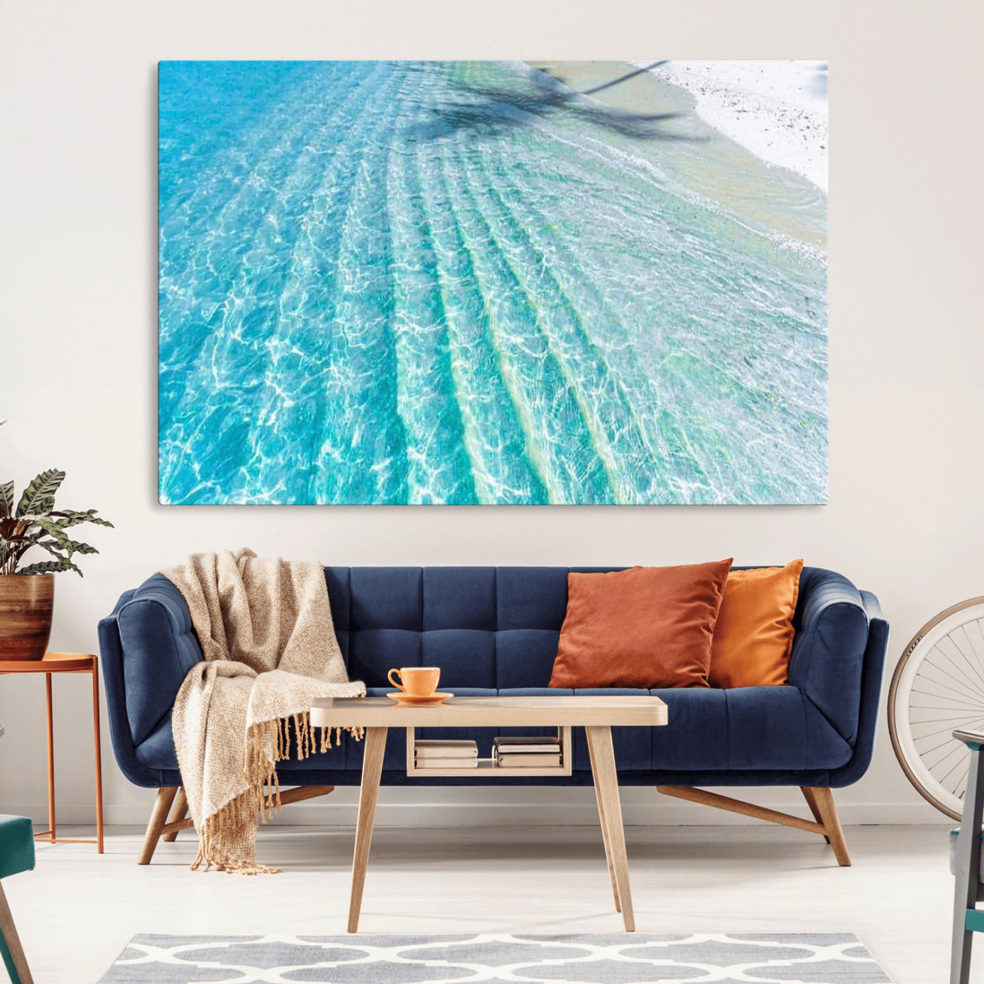 17528159-MGV-CV-36X24-Crystal Clear Ocean Wall Art Canvas Print – Sunlight Reflections and Palm Tree Shadow on Sandy Beach Artwork for Home, Office