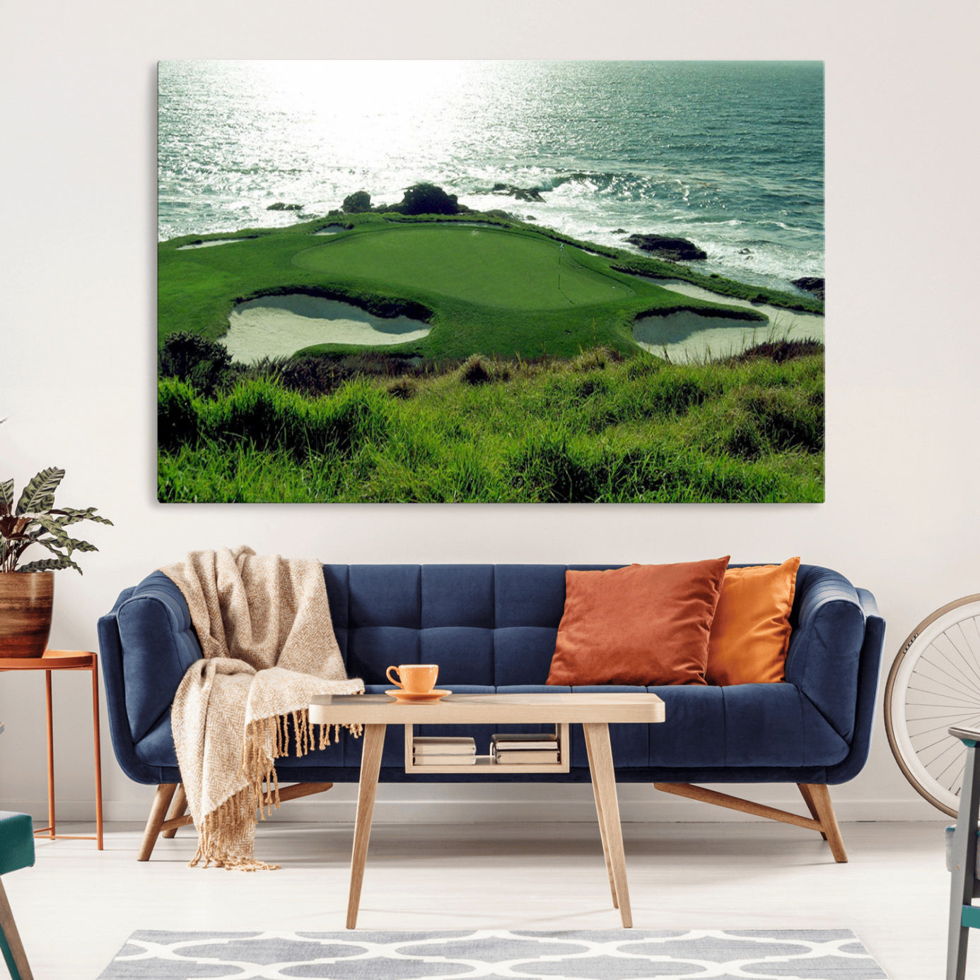 -Coastal Golf Course Wall Art Canvas Print – Scenic Green Surrounded by Sand Bunkers and Ocean Waves Artwork for Home, Office