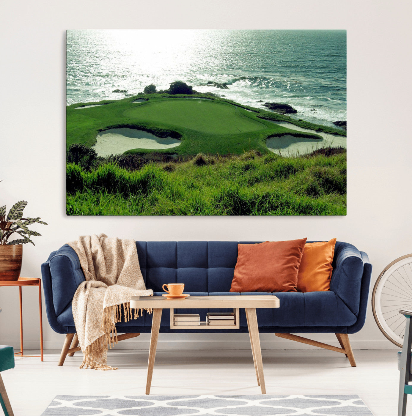 48473947-MGV-CV-36X24-Coastal Golf Course Wall Art Canvas Print – Scenic Green Surrounded by Sand Bunkers and Ocean Waves Artwork for Home, Office