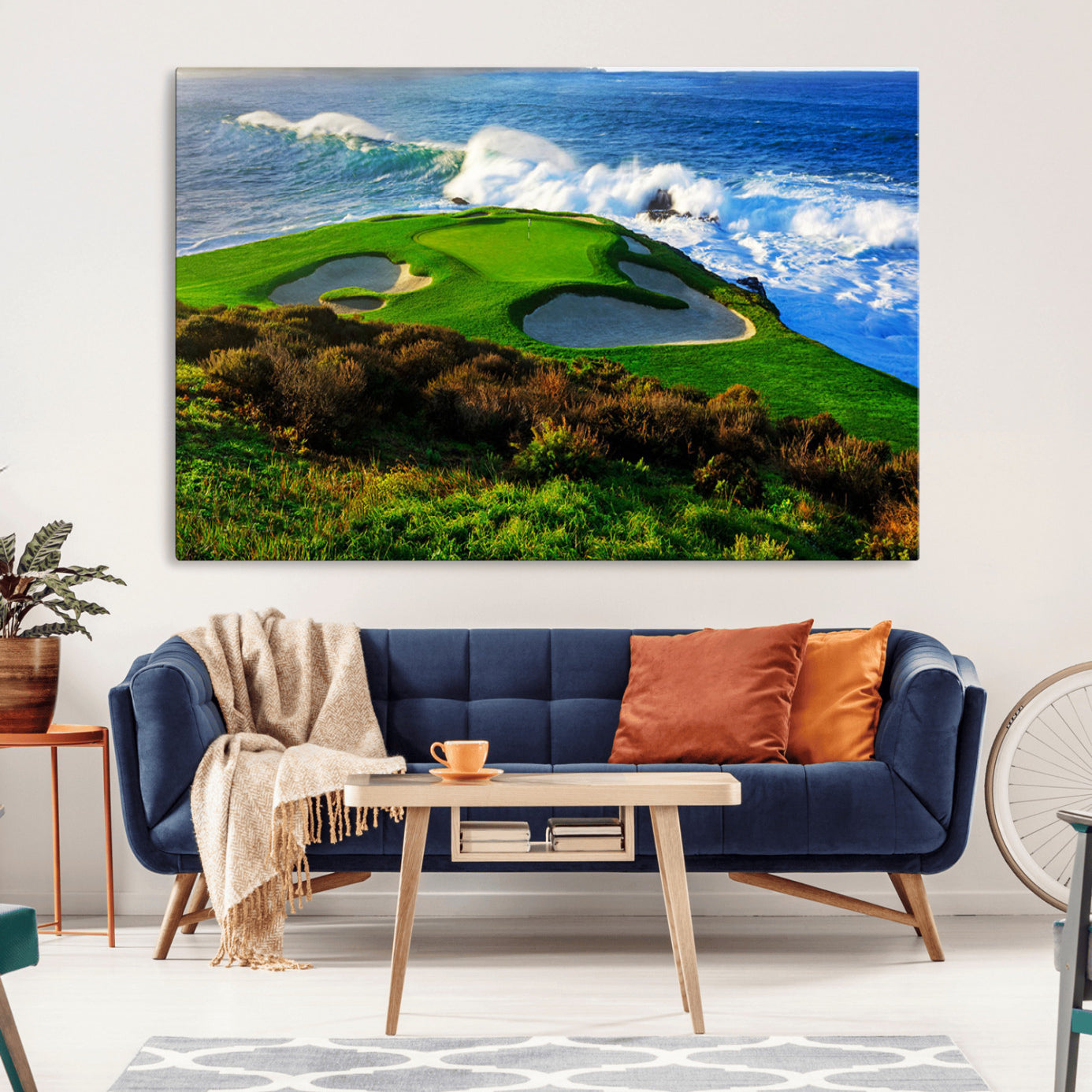 34181847-MGV-CV-36X24-Coastal Golf Course Wall Art Canvas Print – Vibrant Green with Sand Bunkers Overlooking Ocean Waves Artwork for Home, Office