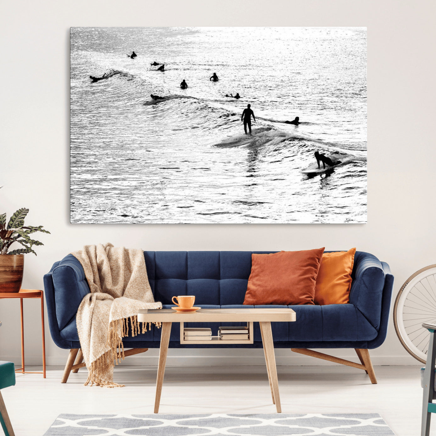 -Black White Surfing Wall Art Canvas Print – Framed Artistic Ocean View Surfers Riding Waves Artwork for Home, Office