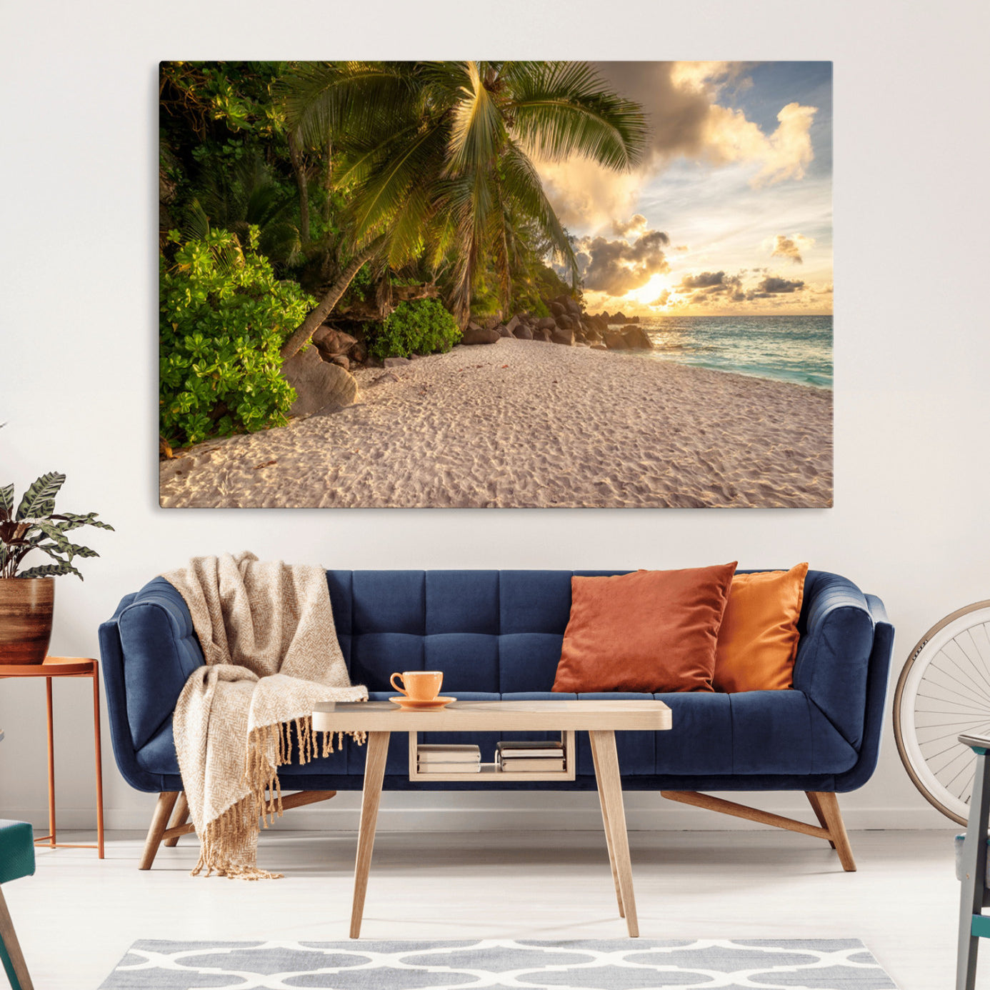 -Tropical beach sunset, palm trees, white sand, ocean waves, golden sky, serene landscape, nature