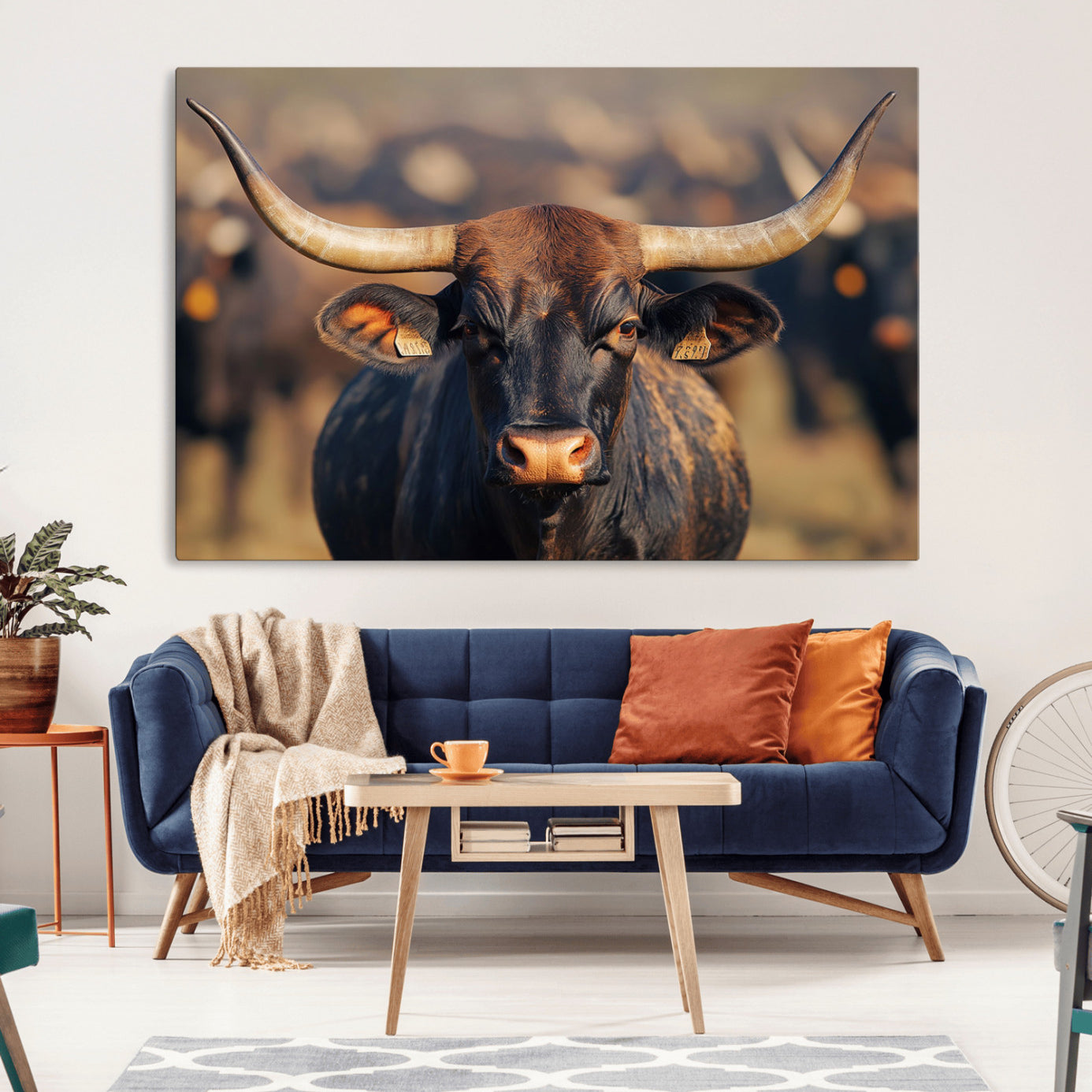 35515971-MGV-CV-36X24-Majestic bull head close-up, long curved horns, detailed fur texture, warm sunlight, focused gaze, Wall Art Canvas Print