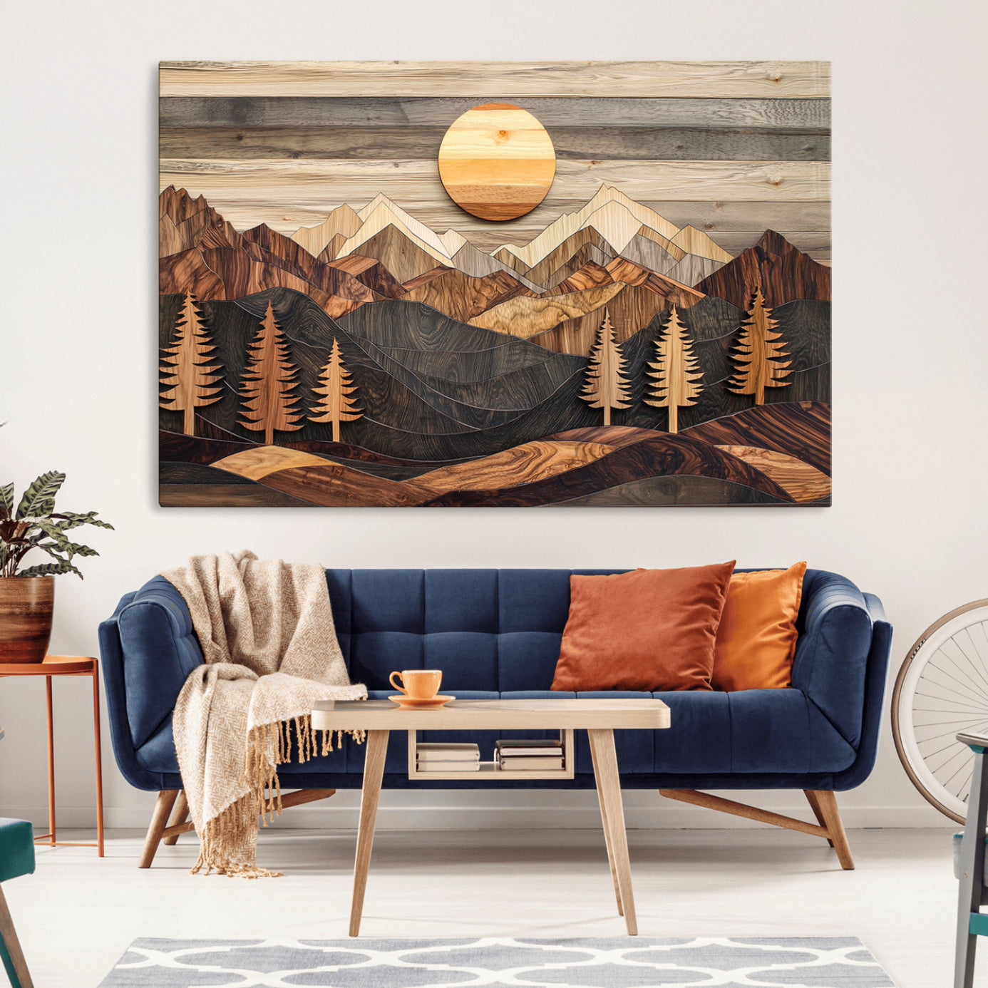 MGV-CV-36X24 - Wooden Mountain Layers Canvas Wall Art – Rustic Pine Tree Landscape with Sunlight Artistic Nature