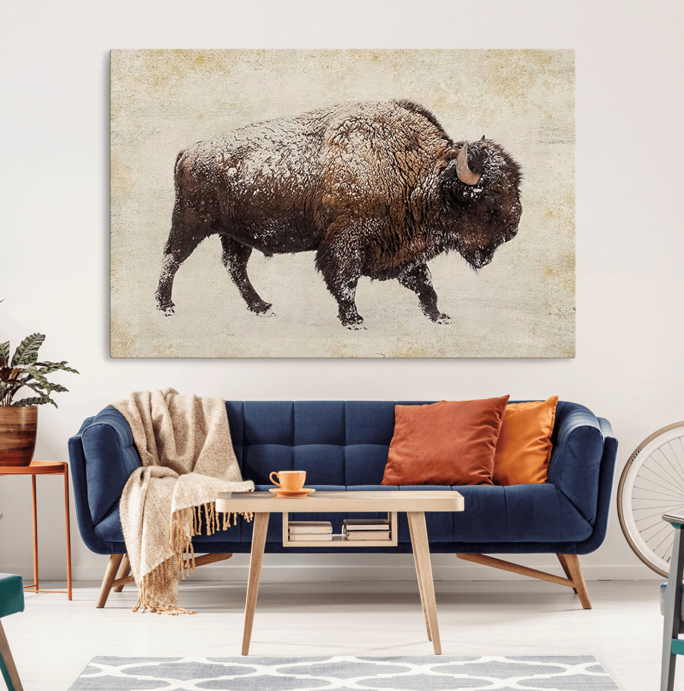 54810031-MGV-CV-36X24-Snow-dusted bison silhouette textured vintage style rugged wildlife art with neutral tones perfect