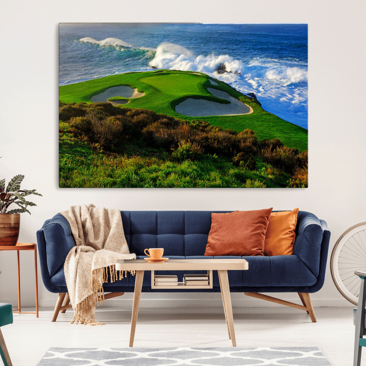 13644055-MGV-CV-36X24-Ocean Cliffside Golf Course Green Waves Surf Sand Bunker Scenic Coastal Landscape Nature Wall Art