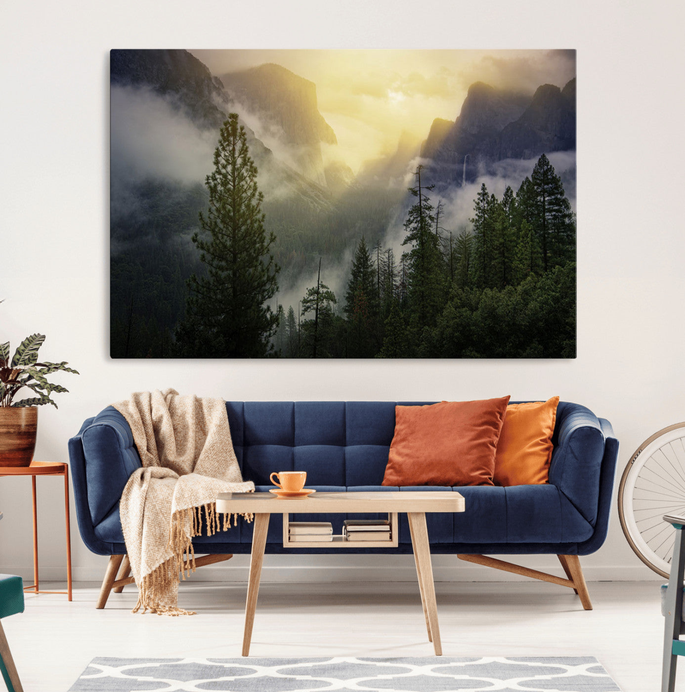 38316884-MGV-CV-36X24-Misty Mountain Valley Wall Art Canvas Print, Golden Sunrise Through Pines Tranquil Forest Landscape Artwork for Home, Office
