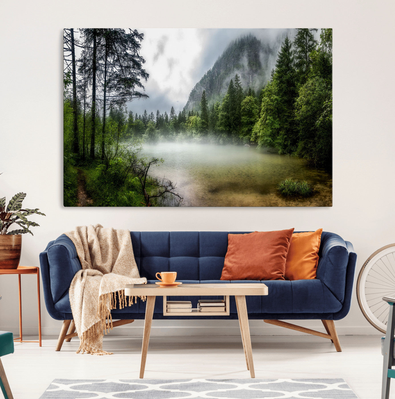 93123937-MGV-CV-36X24-Misty Lake Forest Green Trees Calm Water Reflection Mountain Fog Nature Landscape Outdoor Scenic