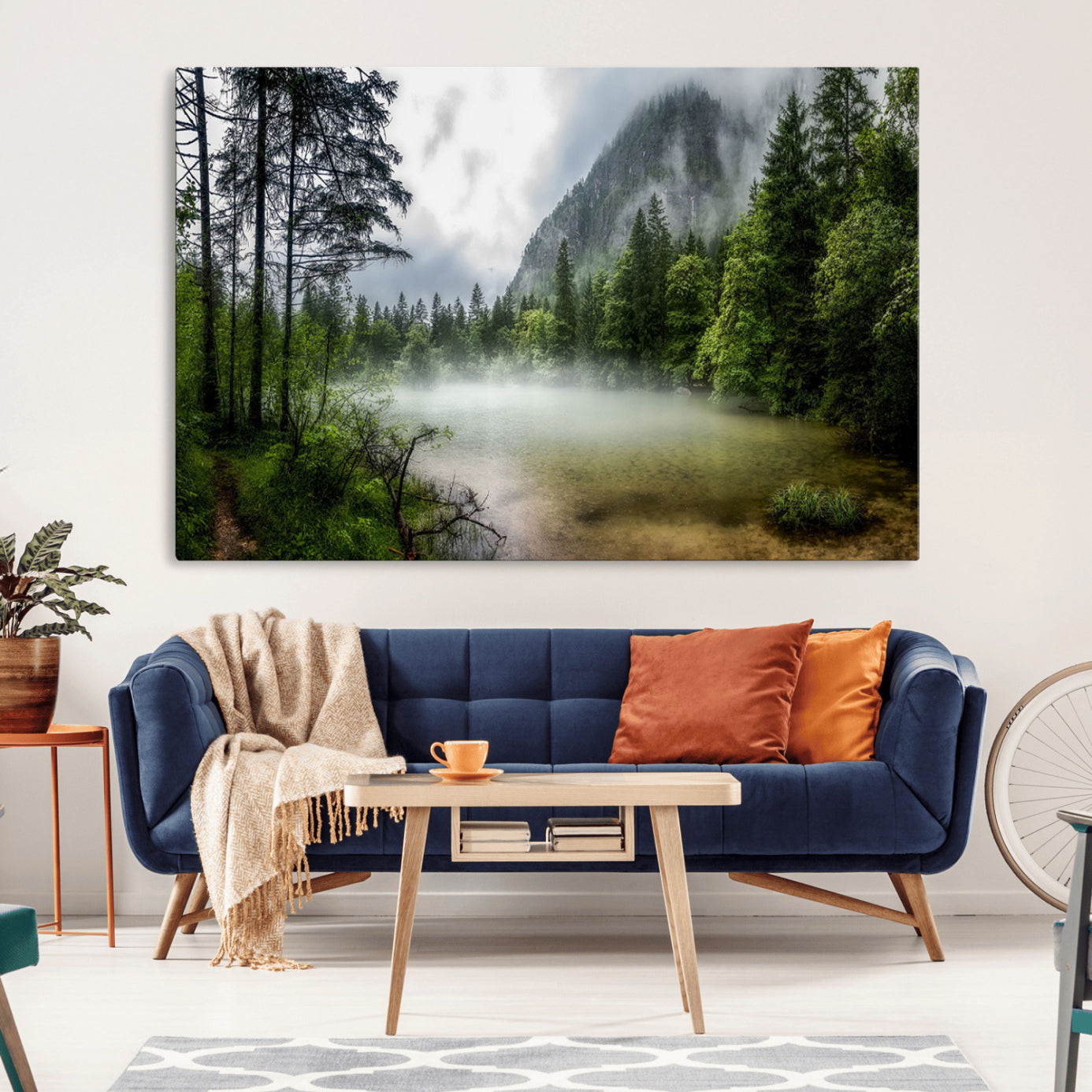 93123937-MGV-CV-36X24-Misty Lake Forest Green Trees Calm Water Reflection Mountain Fog Nature Landscape Outdoor Scenic Beauty Wall Art Canvas Print