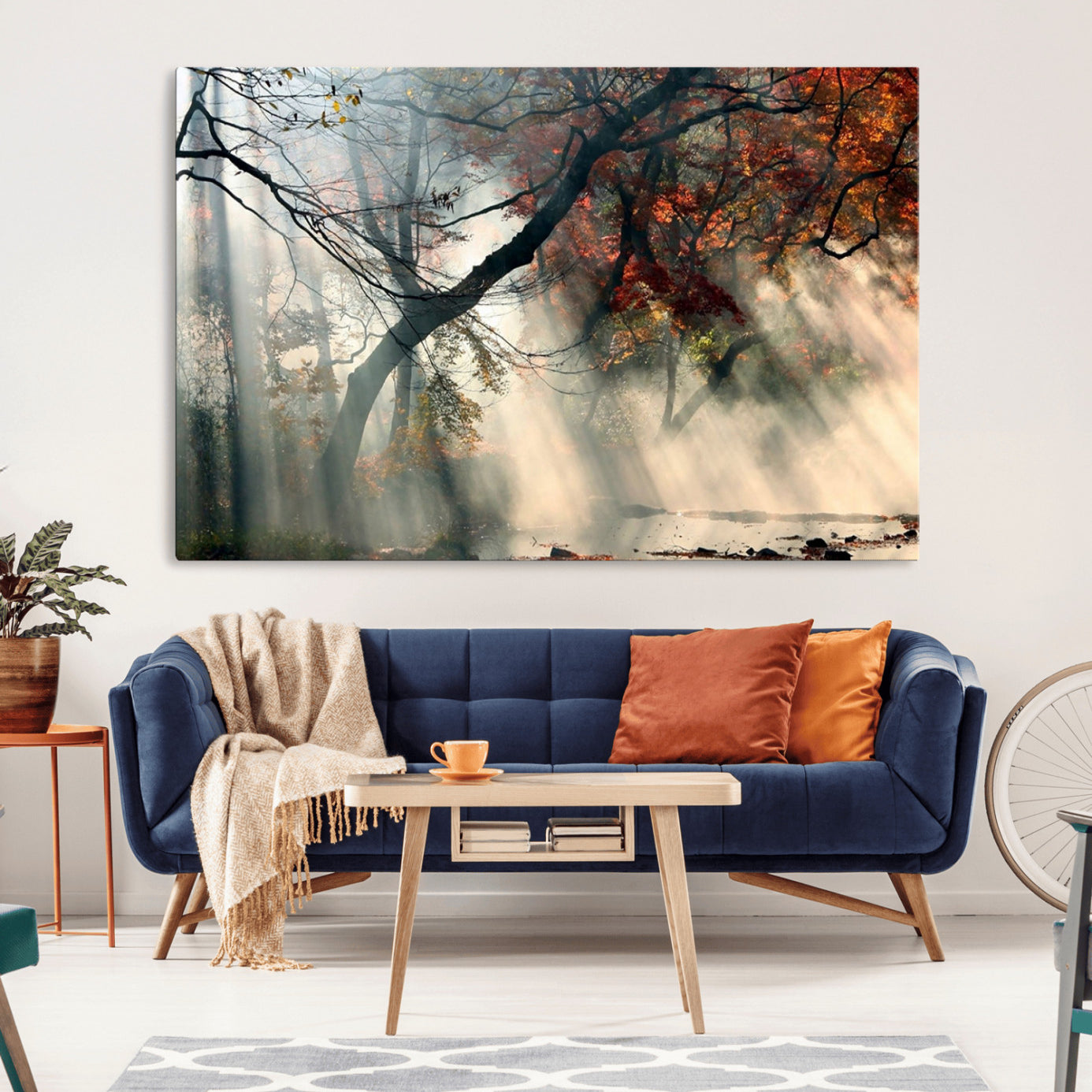 36043878-MGV-CV-36X24-Sunlit Autumn Forest Mist Trees Rays Fog Nature Scenic Peaceful Tranquil Leaves Landscape Morning Glow Warmth Wall Art Canvas Print