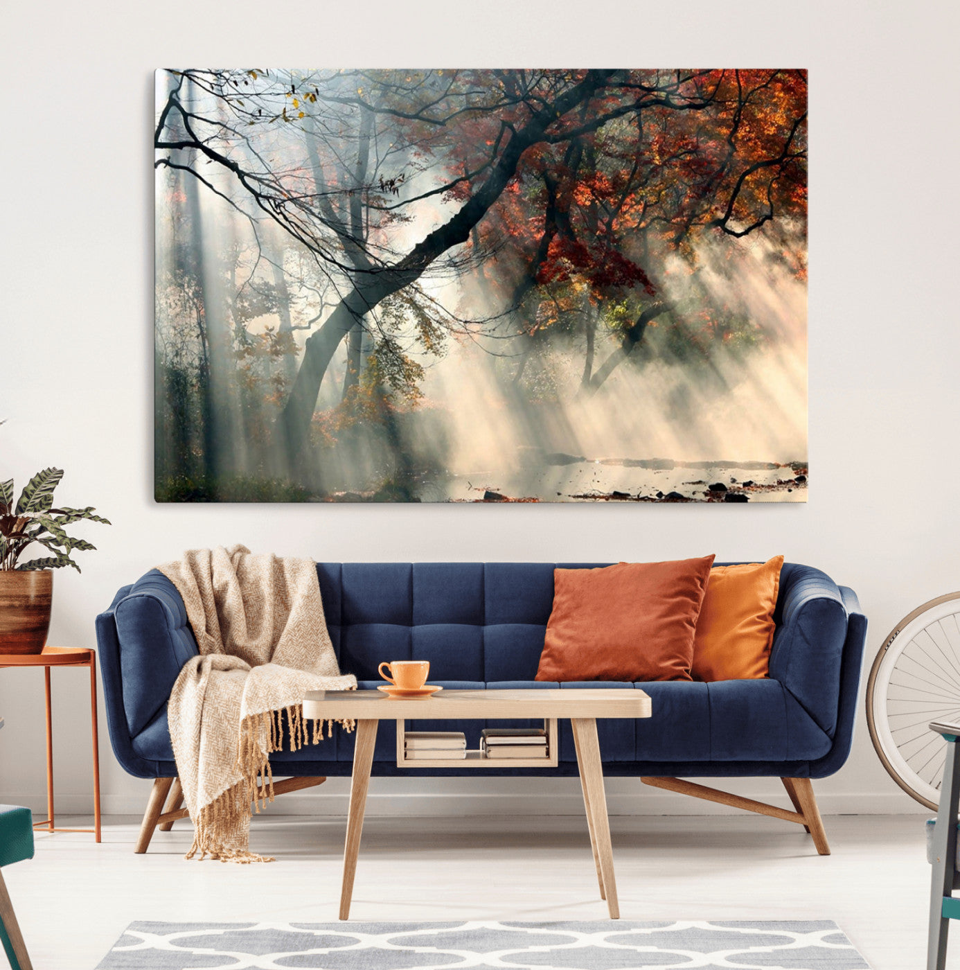 36043878-MGV-CV-36X24-Sunlit Autumn Forest Mist Trees Rays Fog Nature Scenic Peaceful Tranquil Leaves Landscape Morning