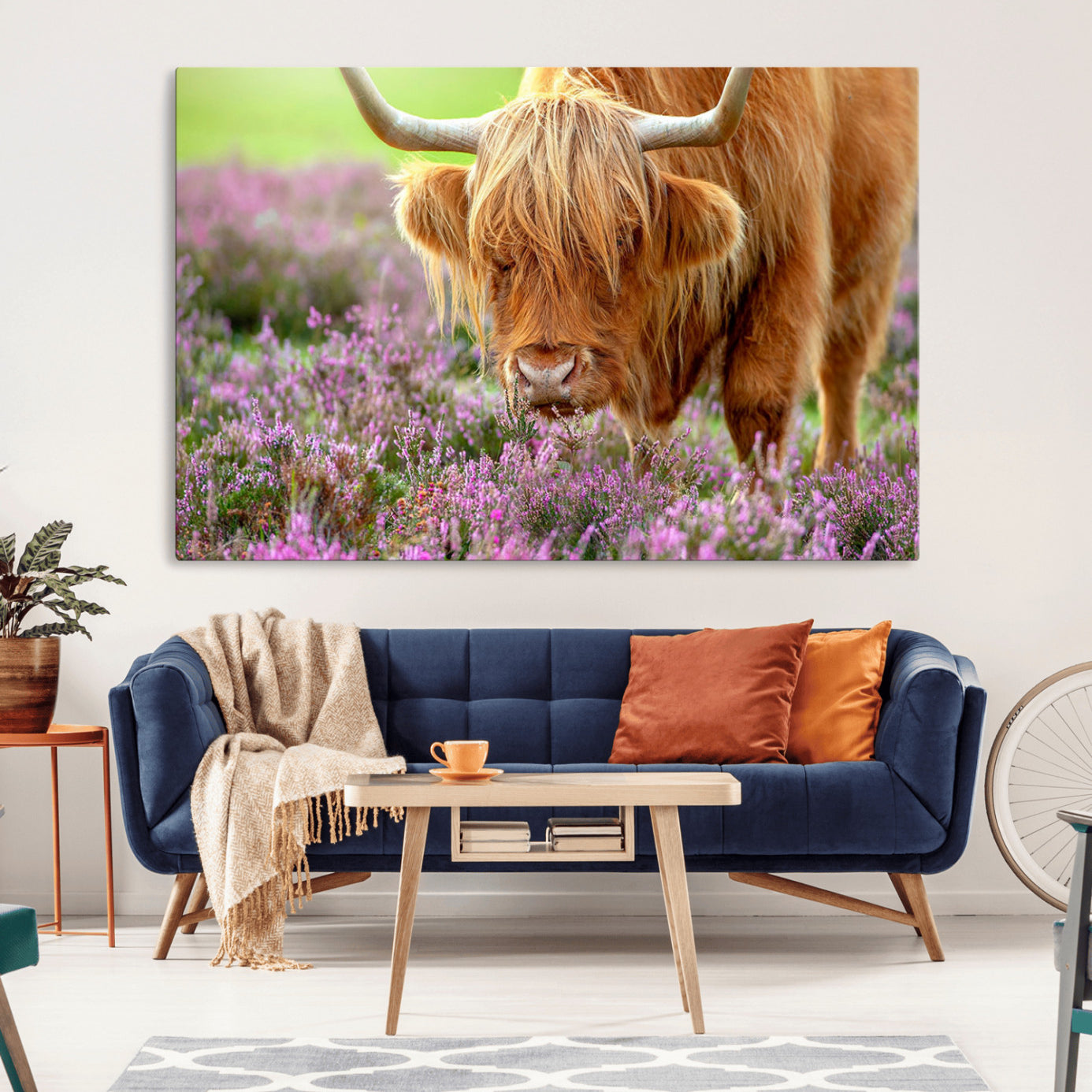 64069351-MGV-CV-36X24-Highland Cow Wall Art Canvas Print – Framed Purple Flowers Scene with Grazing Animal Artwork for Home, Office