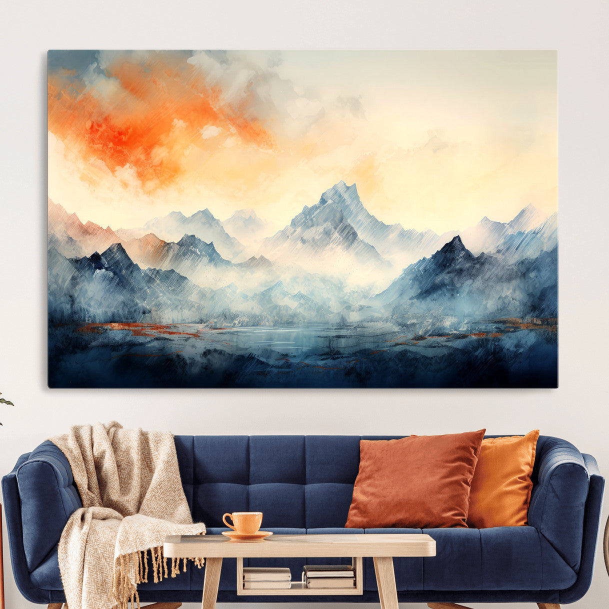 WRM1005-MGV-CV-36X24 - Warm Clouds Abstract Mountain Wall Art, Modern Landscape Canvas Print, Minimal Framed Artwork for Home, Office