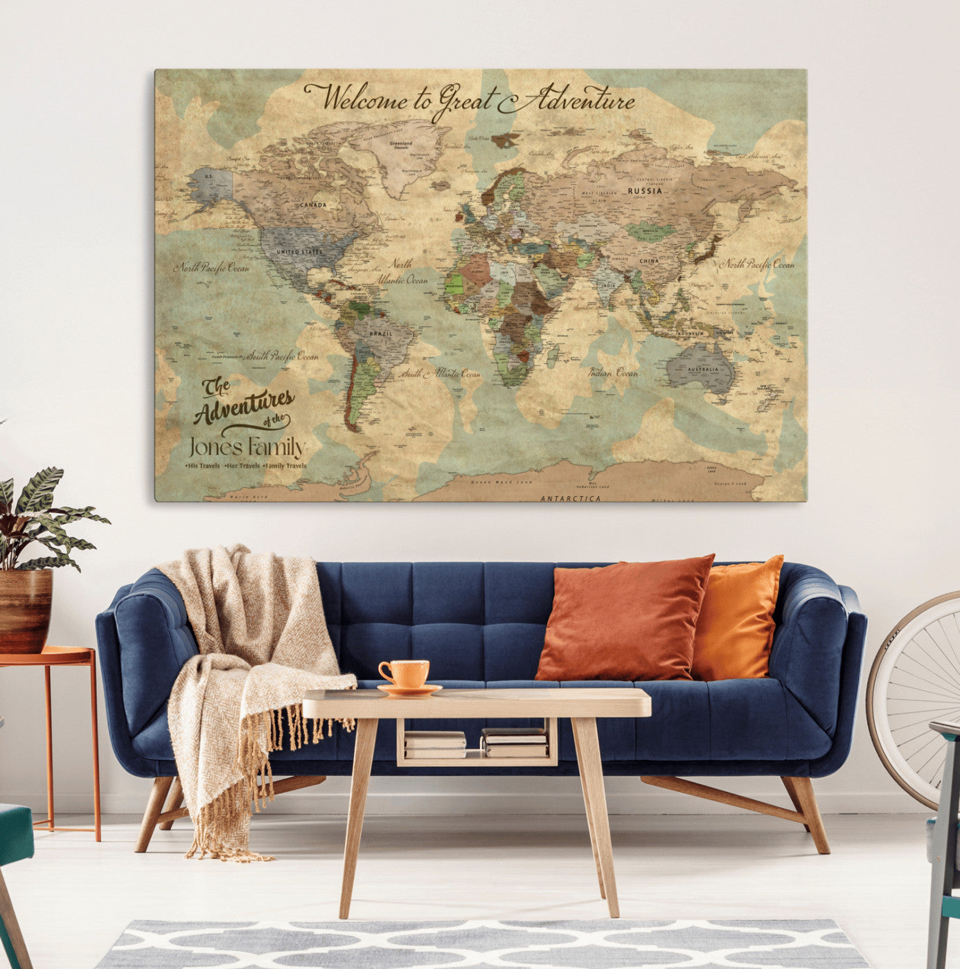 MGV-CV-36X24 - Personalized World Map Wall Art Canvas Print – Custom Push Pin Travel Map for Couples, Families, or Office Décor