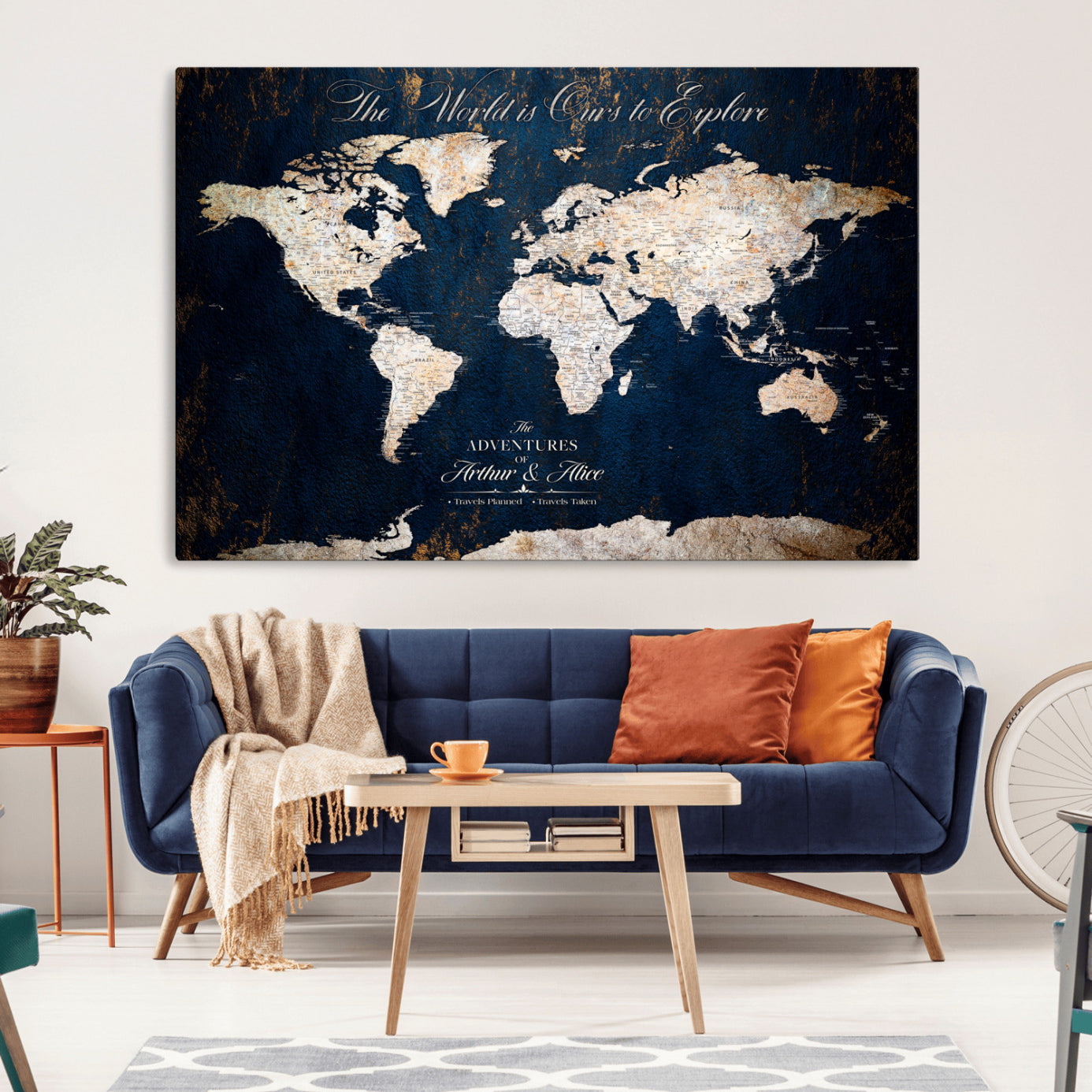 MGV-CV-36X24 - Personalized World Map Wall Art Canvas Print – Custom Push Pin Travel Map for Couples, Families, or Office Décor