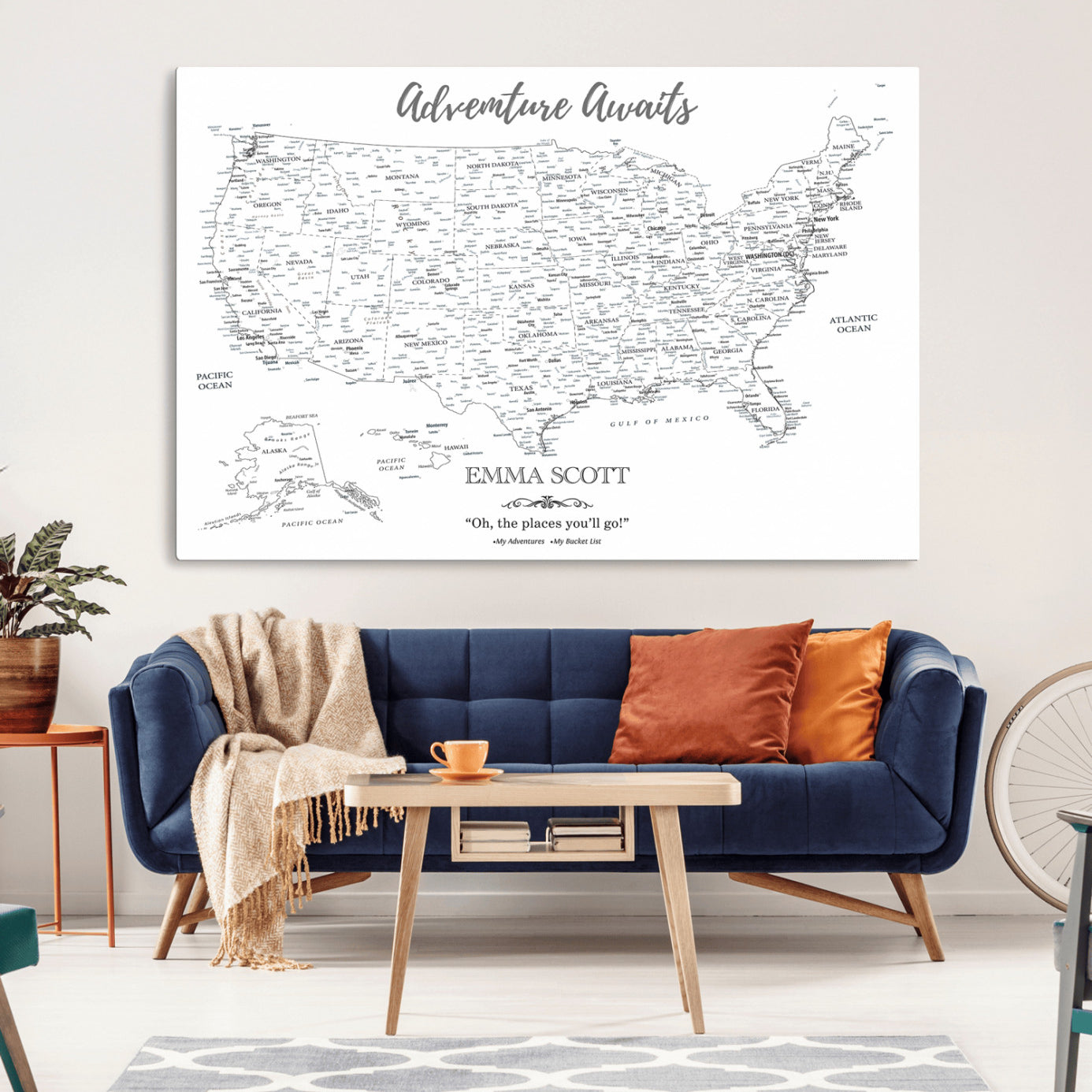 MGV-CV-36X24 - Personalized US Map Wall Art Canvas Print – Custom Push Pin Travel United States US Map for Couples, Families, or Office Décor