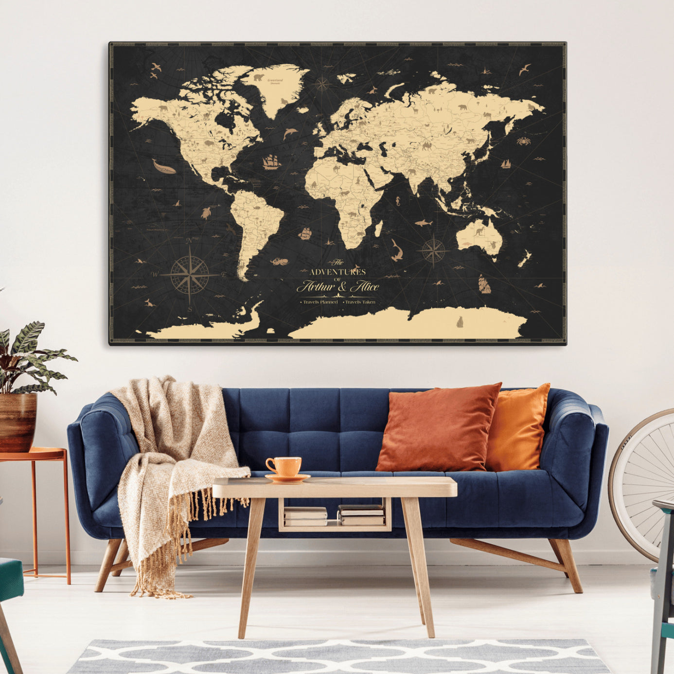 58609271-MGV-CV-36X24-Personalized World Map Wall Art Canvas Print – Custom Push Pin Travel Map for Couples, Families, or Office Decor