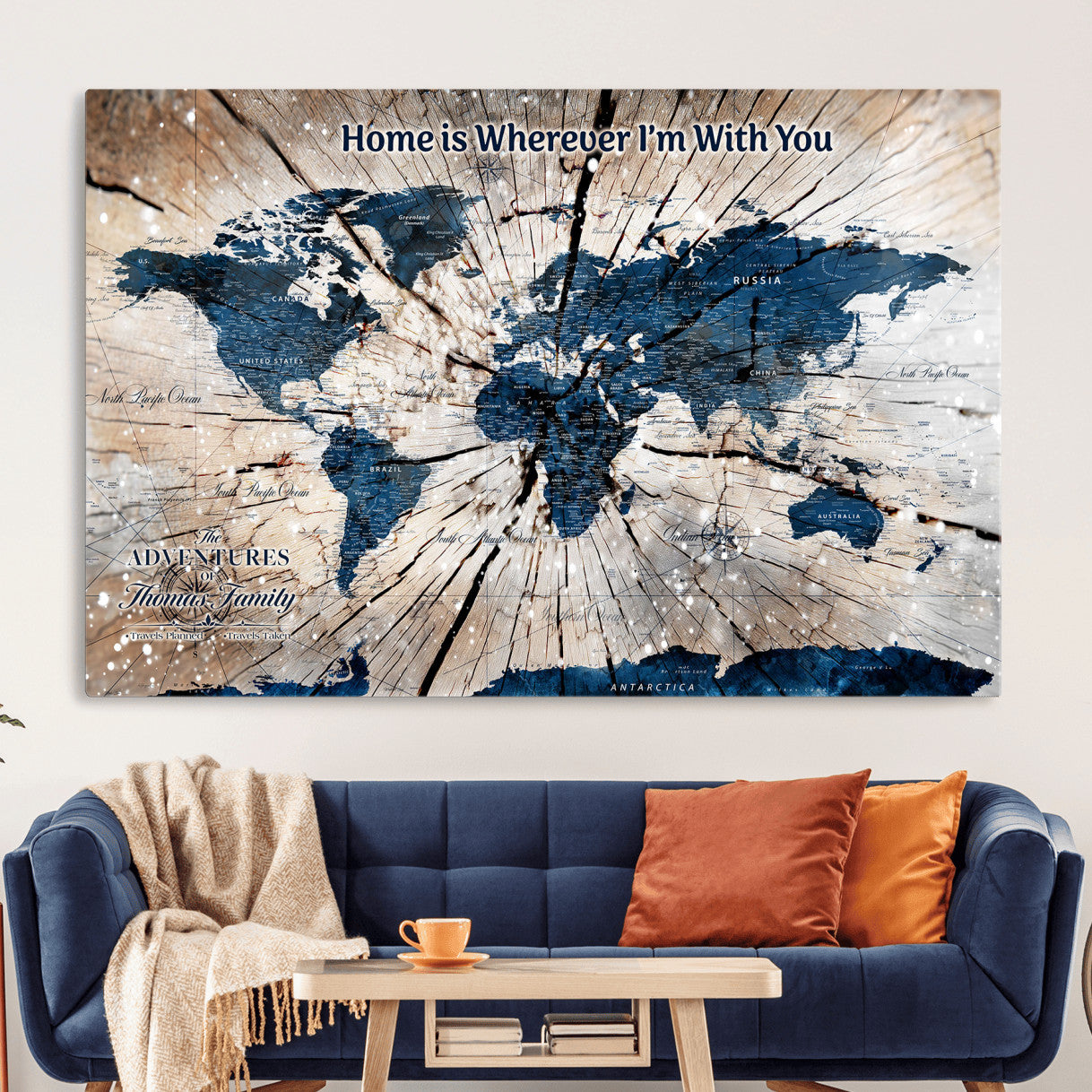 35694194-MGV-CV-36X24 - Personalized World Map Wall Art Canvas Print – Custom Push Pin Travel Map for Couples, Families, or Office Decor