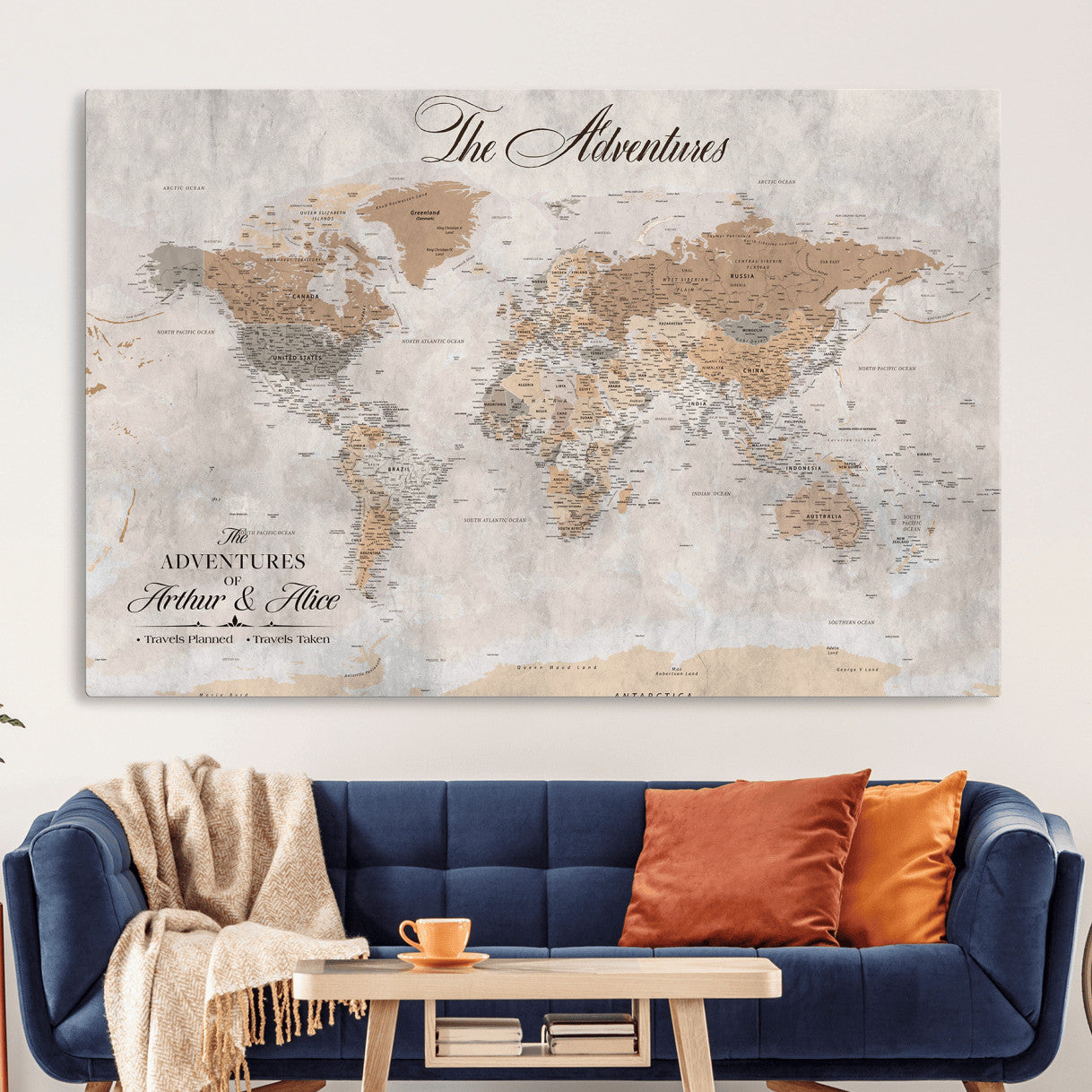 91774967-MGV-CV-36X24 - Personalized Push Pin World Map Canvas Print – Custom Framed Travel Tracker Artwork for Couples or Home Decor
