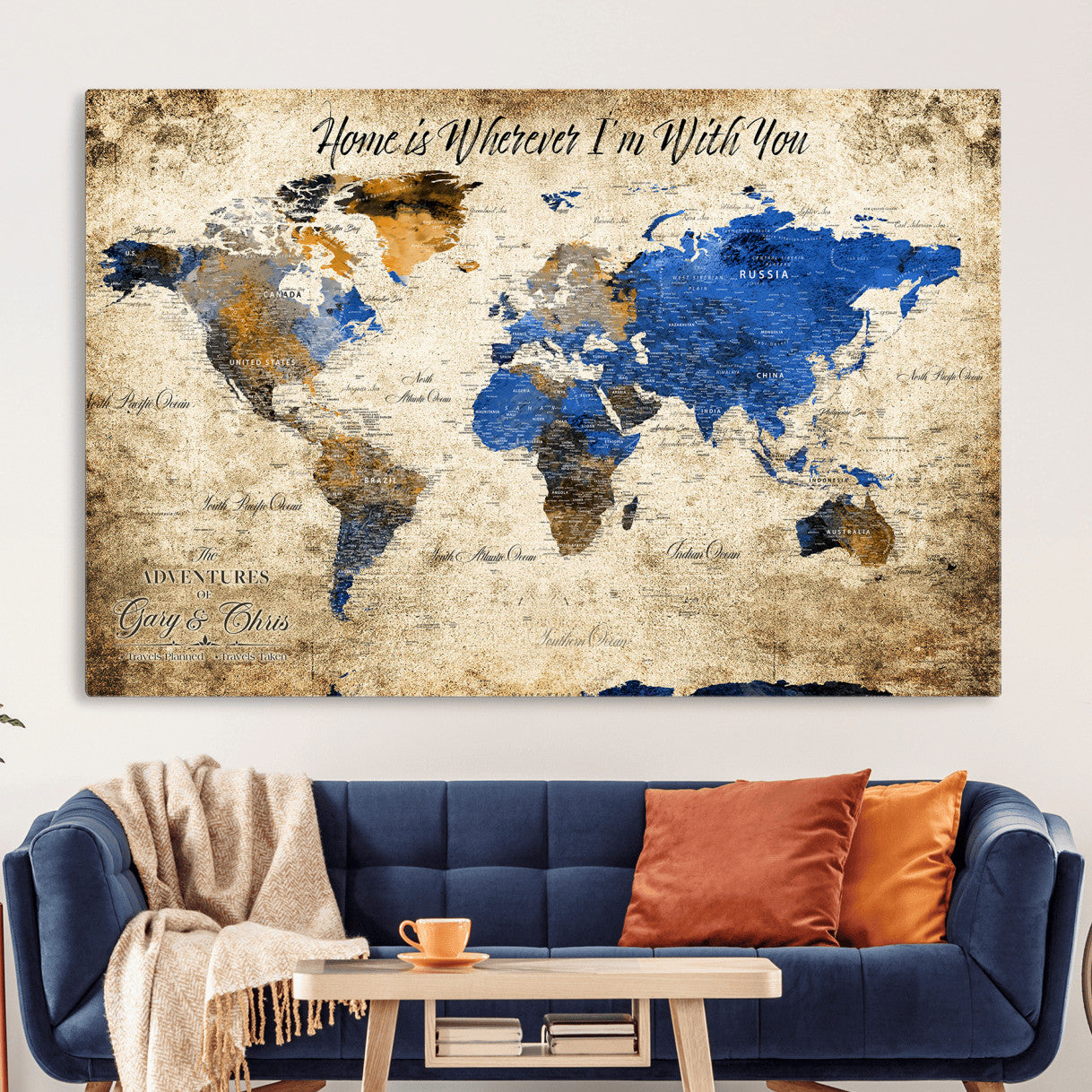 20854758-MGV-CV-36X24 - Personalized Push Pin World Map Canvas Print – Custom Framed Travel Tracker Artwork with Pins for Home and Office Decor