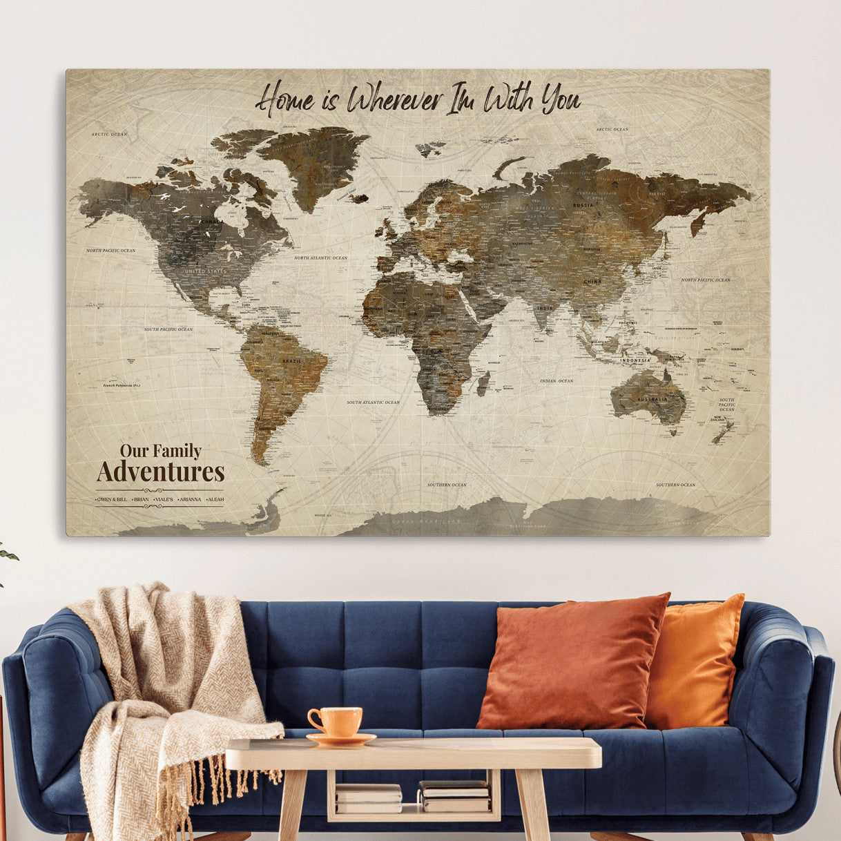 74684563-MGV-CV-36X24 - Custom Push Pin World Map Wall Art Canvas Print – Personalized Travel Tracker with Pins Framed Large for home, office