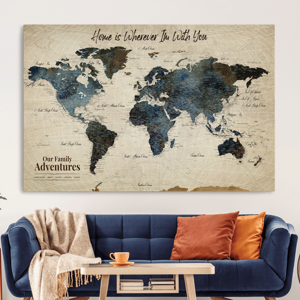 71188227-MGV-CV-36X24 - Personalized World Map Wall Art Canvas Print – Custom Push Pin Travel Map for Couples, Families, or Office Decor